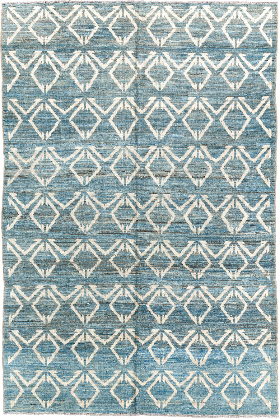 6' x 9' one-of-a-kind handmade vintage Tulu medium size rug. Color palette: sky blue, ivory, slate, cream, light blue, gray