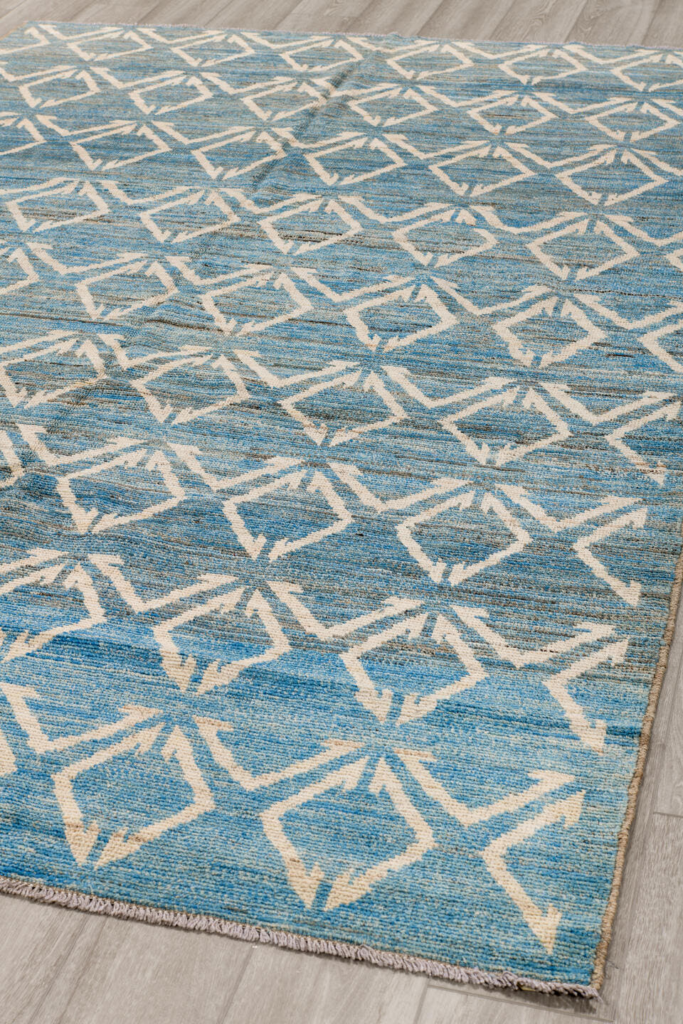 6' x 9' one-of-a-kind handmade vintage Tulu medium size rug. Color palette: sky blue, ivory, slate, cream, light blue, gray