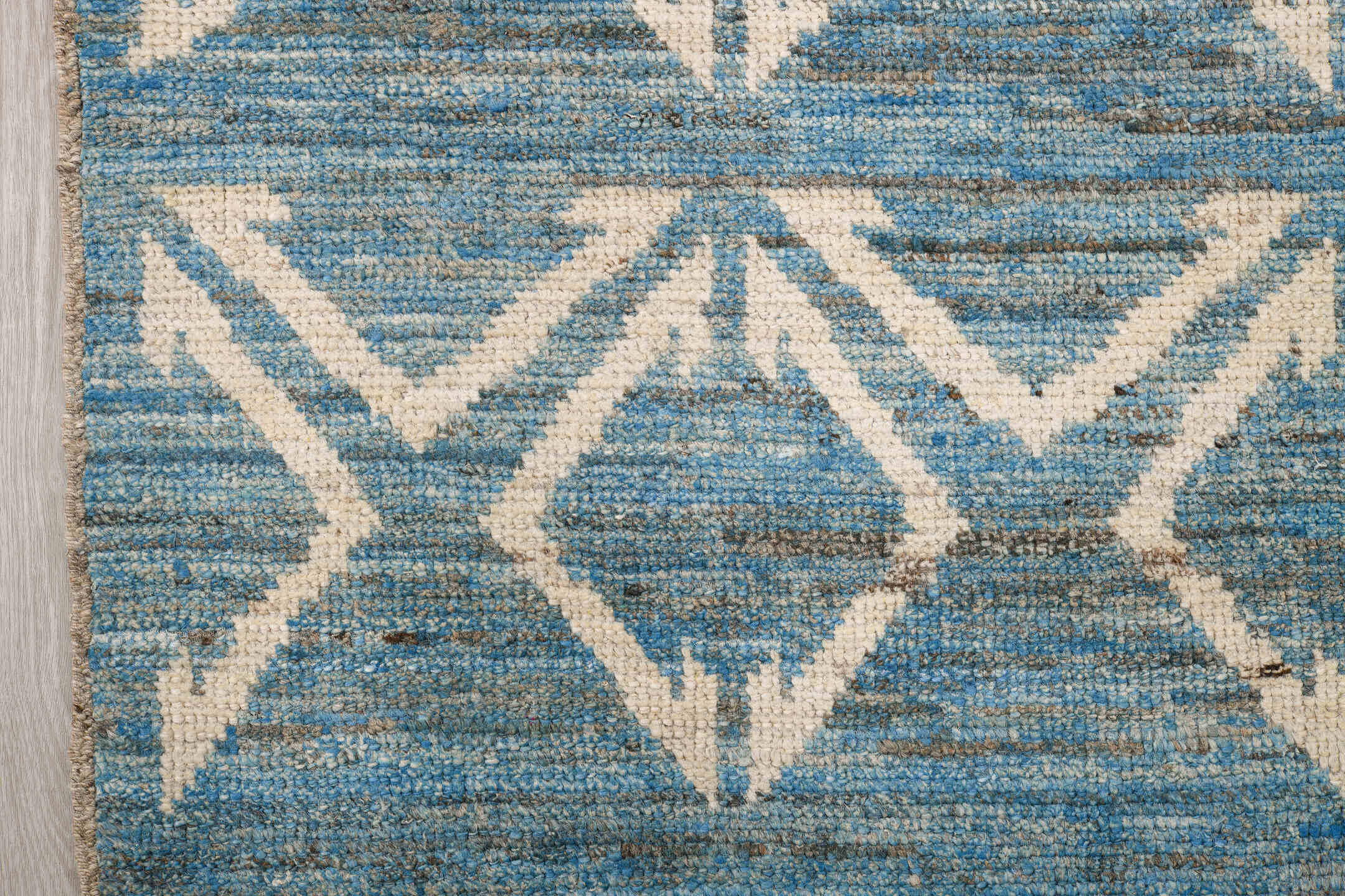 6' x 9' one-of-a-kind handmade vintage Tulu medium size rug. Color palette: sky blue, ivory, slate, cream, light blue, gray