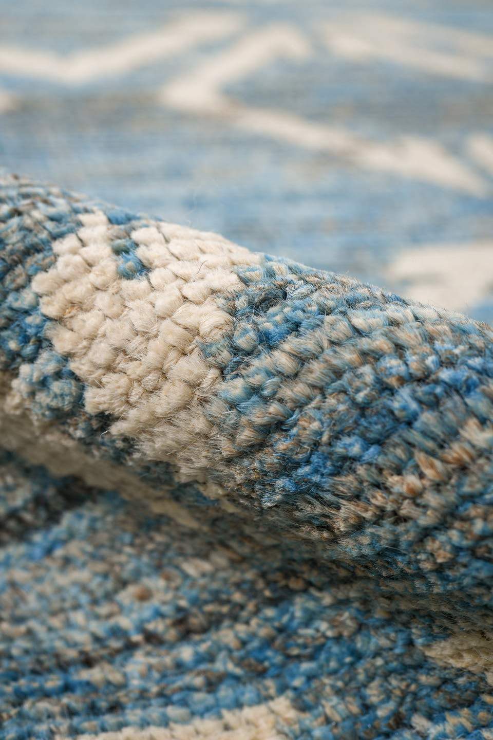 6' x 9' one-of-a-kind handmade vintage Tulu medium size rug. Color palette: sky blue, ivory, slate, cream, light blue, gray