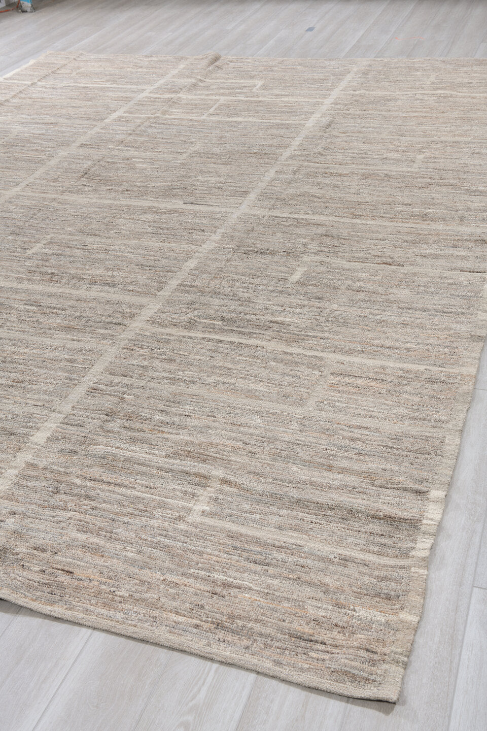 10' x 13' one-of-a-kind handmade vintage Tulu large size rug. Color palette: taupe, ivory, beige, cream, greige, camel, gray