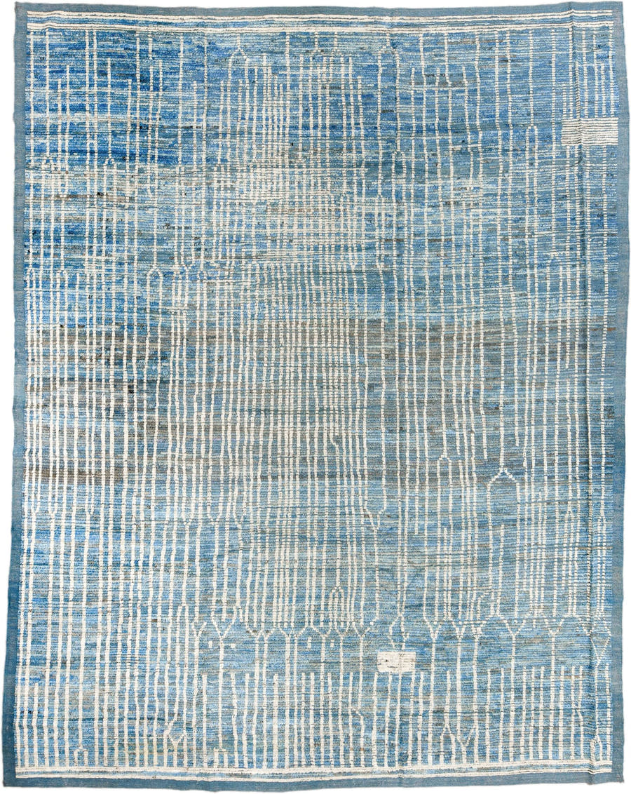 11' x 14' one-of-a-kind handmade vintage Tulu oversize rug. Color palette: blue, ivory, slate, sky blue, gray, light blue