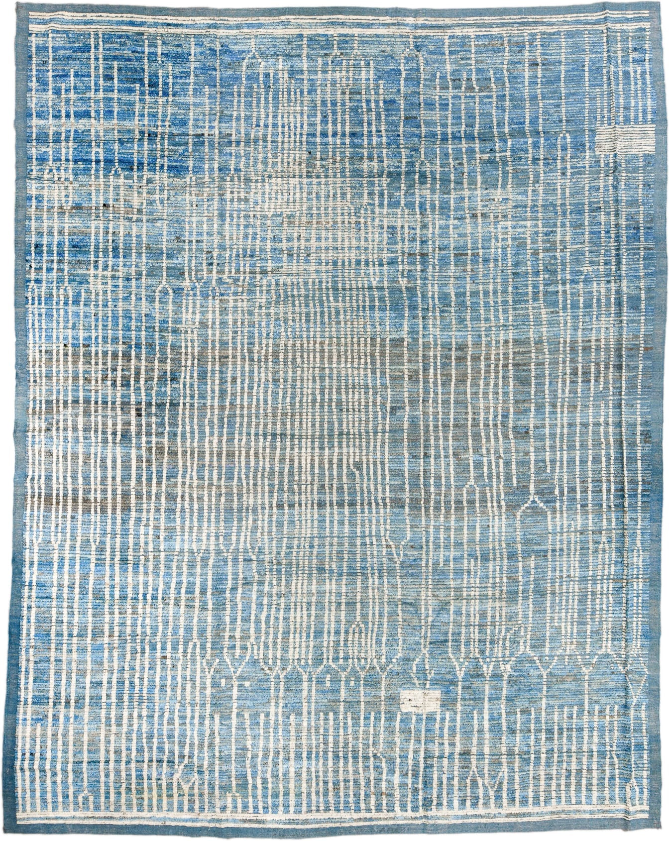 11' x 14' one-of-a-kind handmade vintage Tulu oversize rug. Color palette: blue, ivory, slate, sky blue, gray, light blue