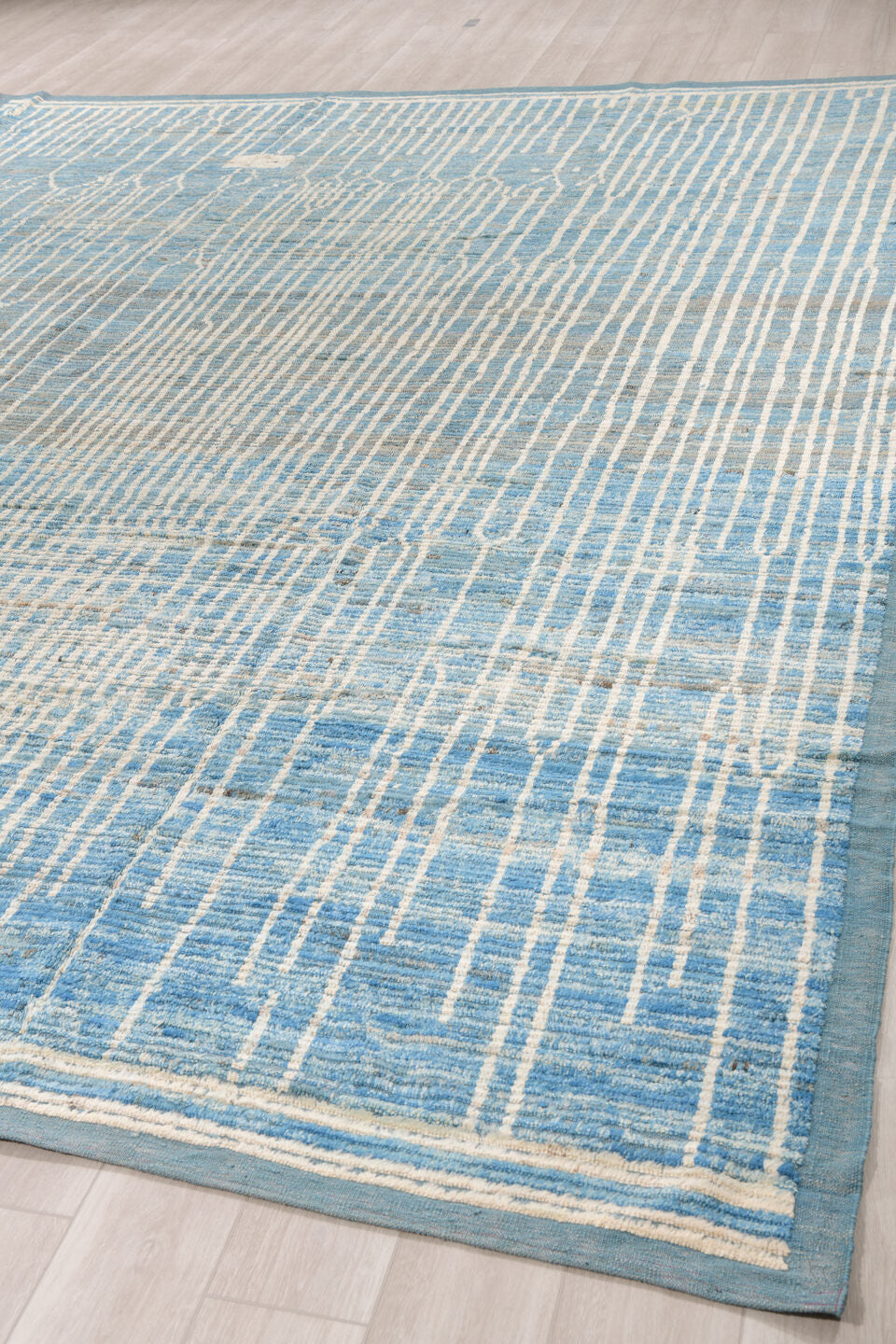 11' x 14' one-of-a-kind handmade vintage Tulu oversize rug. Color palette: blue, ivory, slate, sky blue, gray, light blue
