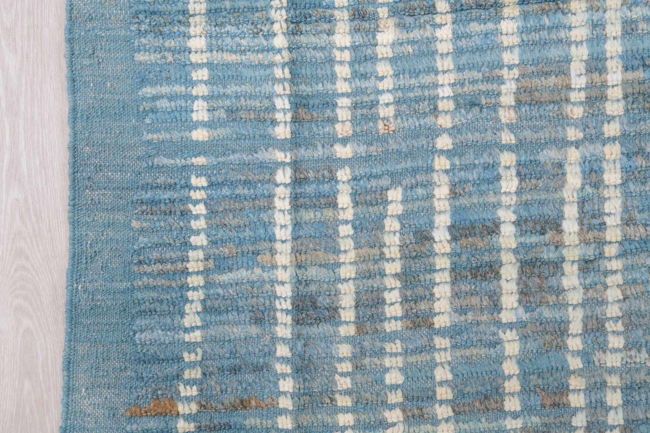 11' x 14' one-of-a-kind handmade vintage Tulu oversize rug. Color palette: blue, ivory, slate, sky blue, gray, light blue