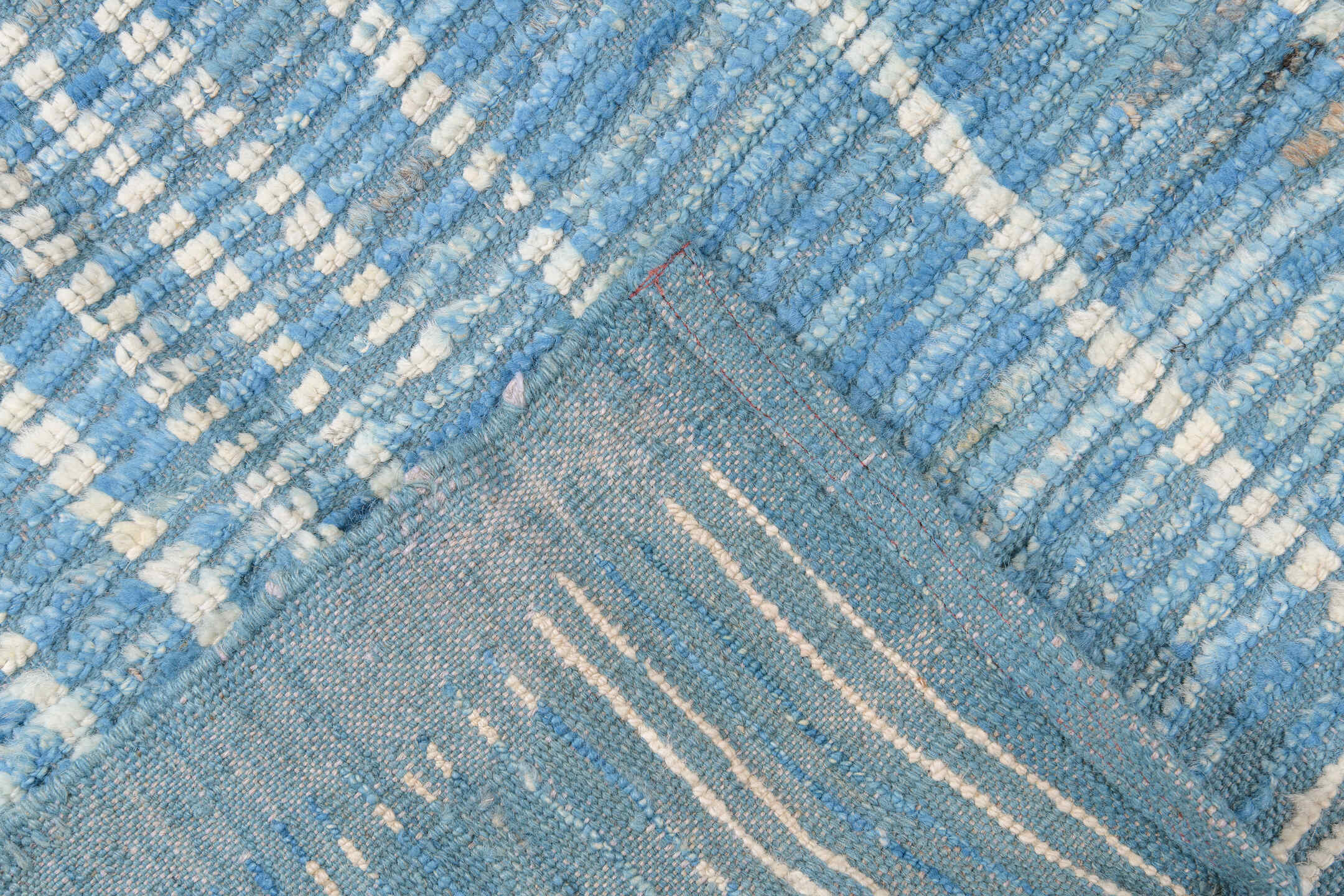 11' x 14' one-of-a-kind handmade vintage Tulu oversize rug. Color palette: blue, ivory, slate, sky blue, gray, light blue