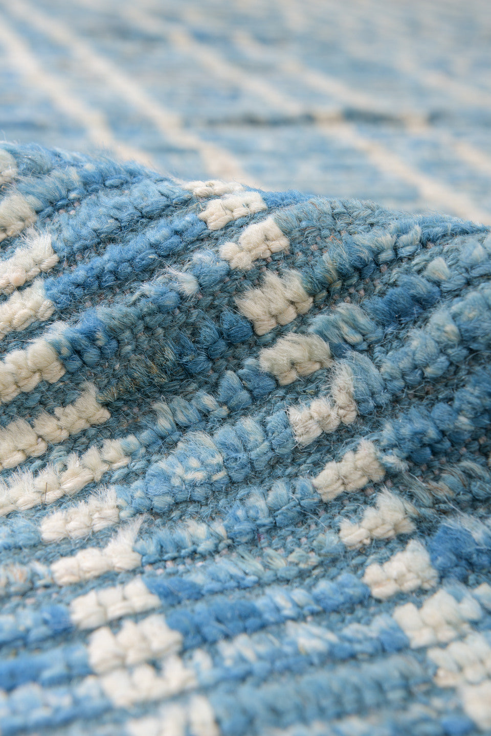 11' x 14' one-of-a-kind handmade vintage Tulu oversize rug. Color palette: blue, ivory, slate, sky blue, gray, light blue