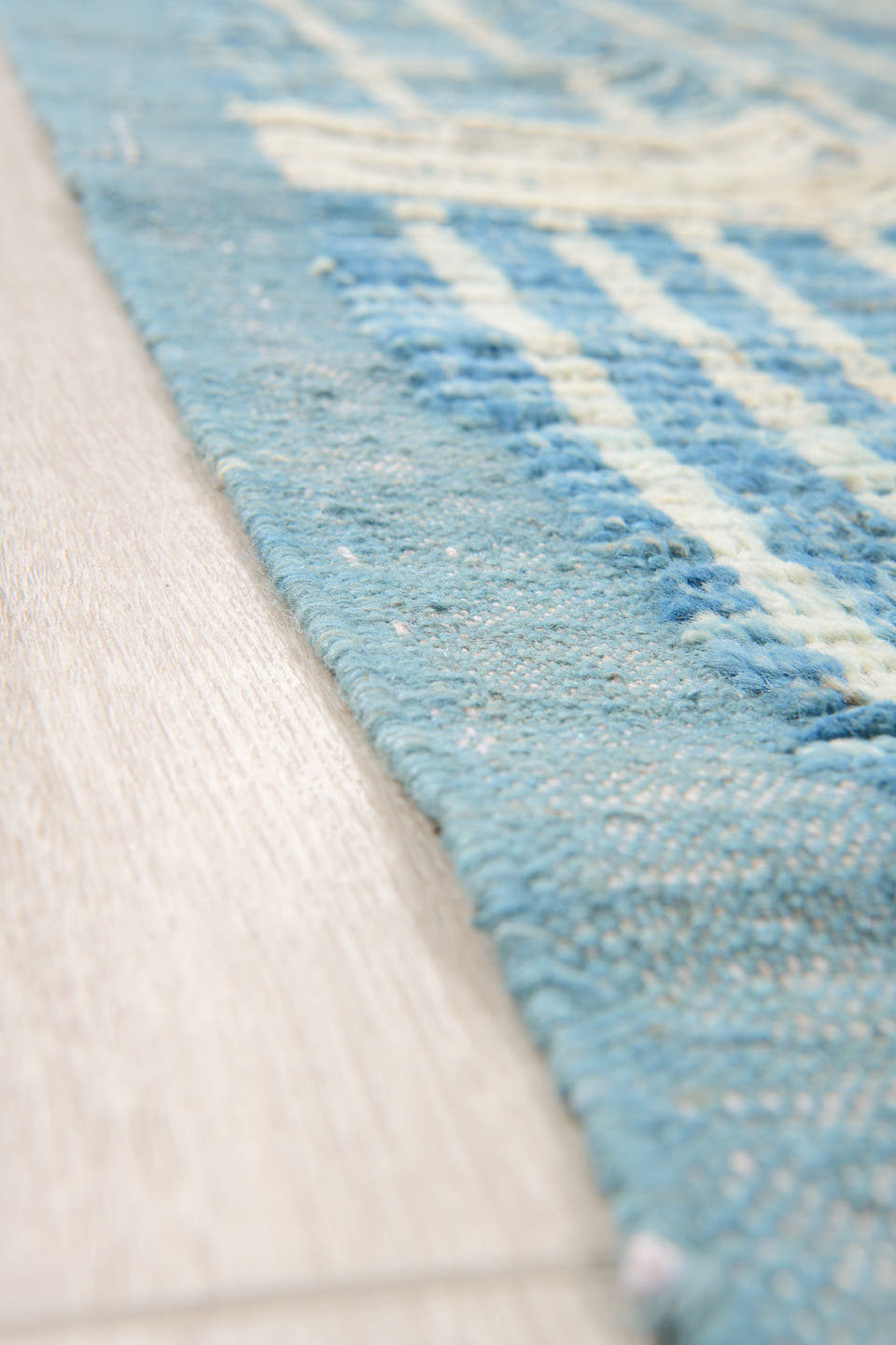 11' x 14' one-of-a-kind handmade vintage Tulu oversize rug. Color palette: blue, ivory, slate, sky blue, gray, light blue