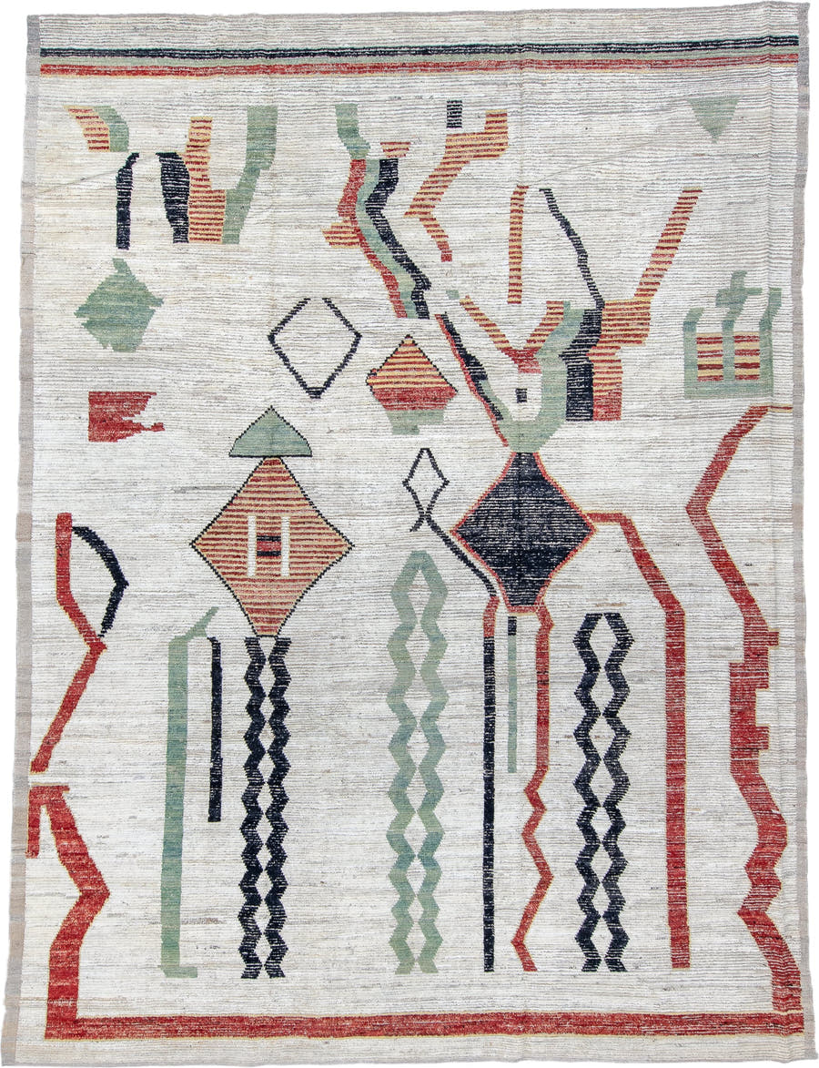 10' x 14' one-of-a-kind handmade vintage Tulu oversize rug. Color palette: ivory, rust, sage, charcoal, taupe, terracotta