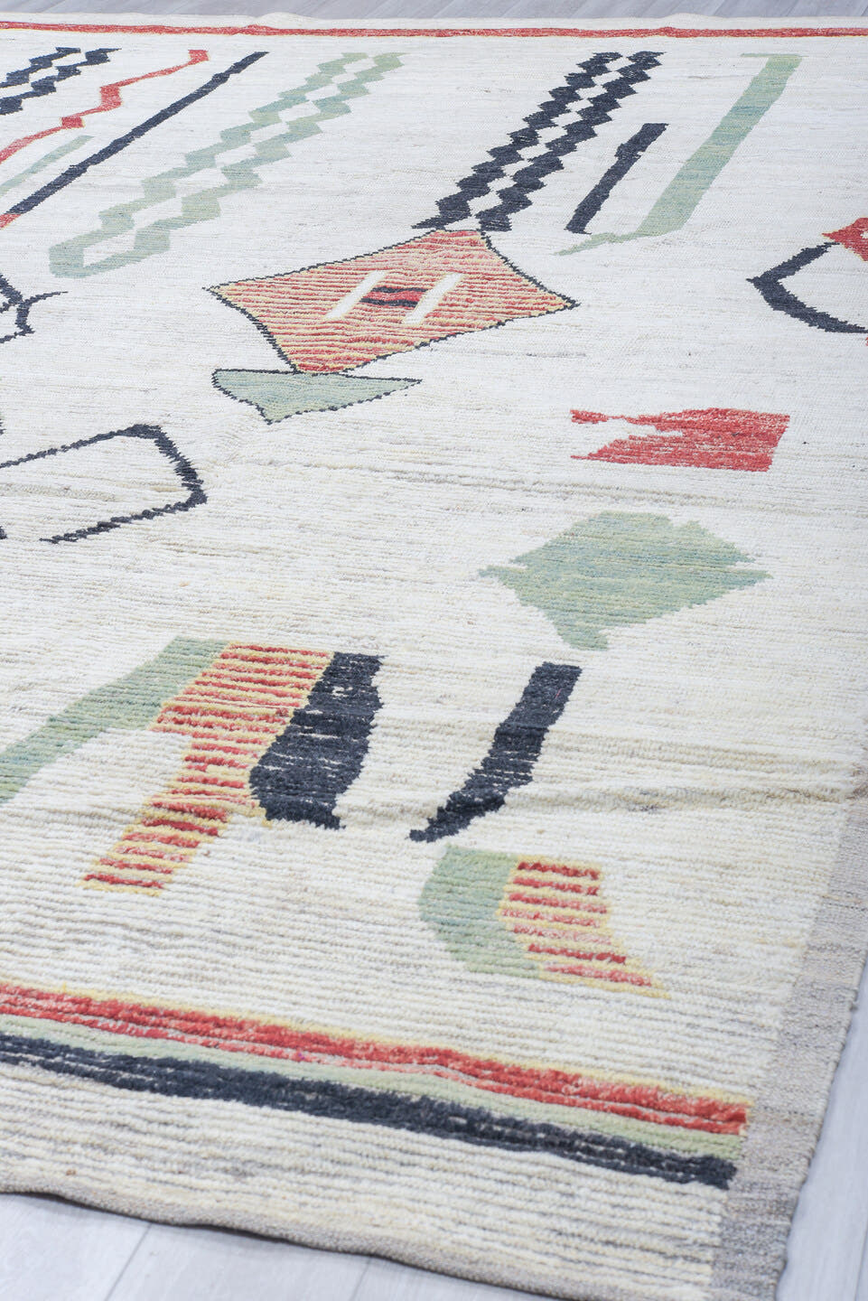 10' x 14' one-of-a-kind handmade vintage Tulu oversize rug. Color palette: ivory, rust, sage, charcoal, taupe, terracotta