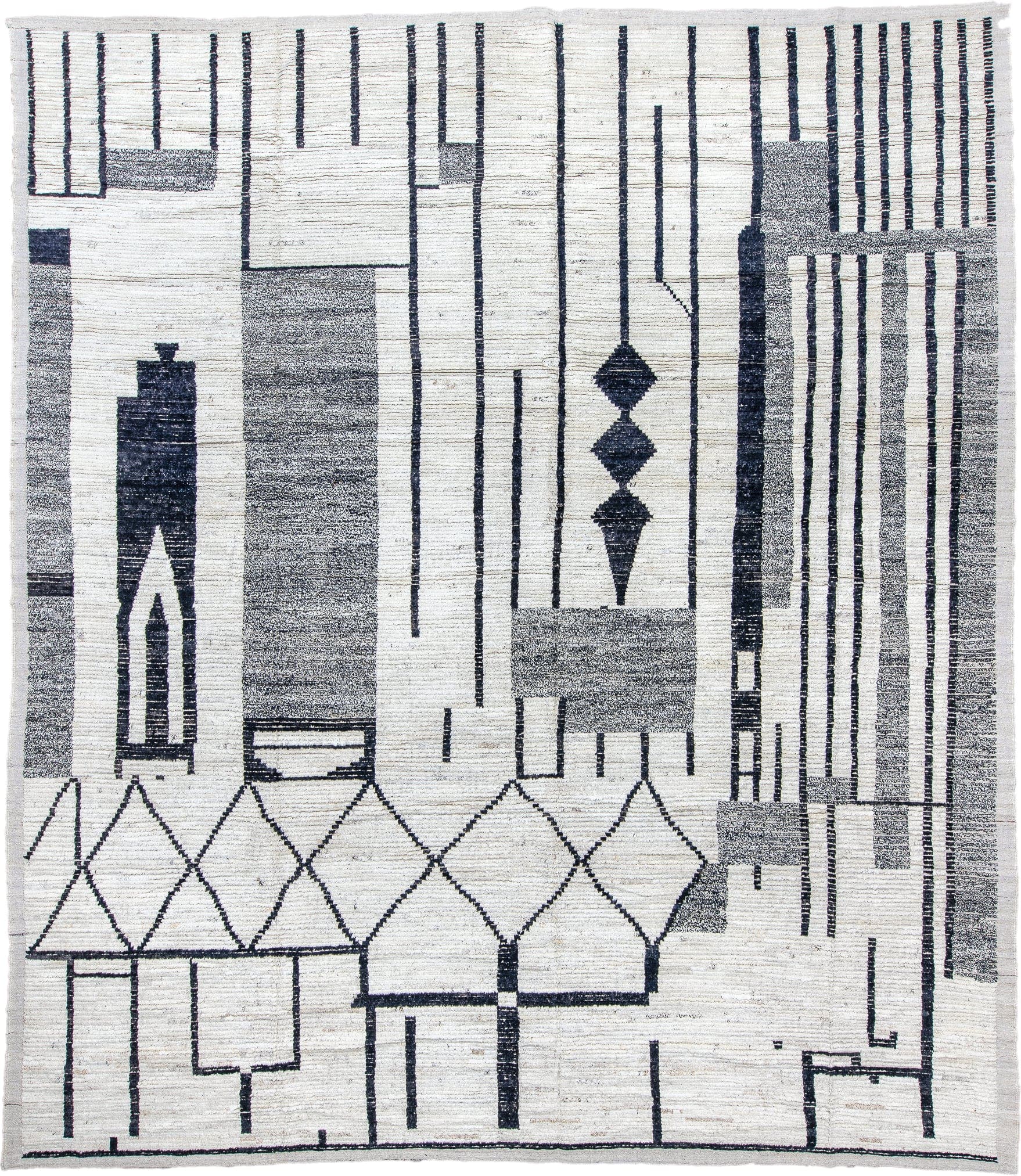12' x 14' one-of-a-kind handmade vintage Tulu oversize rug. Color palette: ivory, charcoal, gray, black