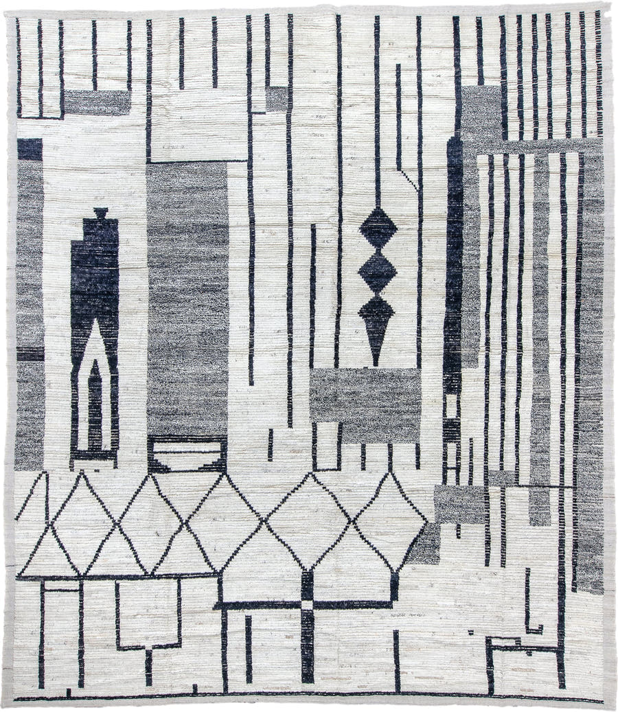 12' x 14' one-of-a-kind handmade vintage Tulu oversize rug. Color palette: ivory, charcoal, gray, black