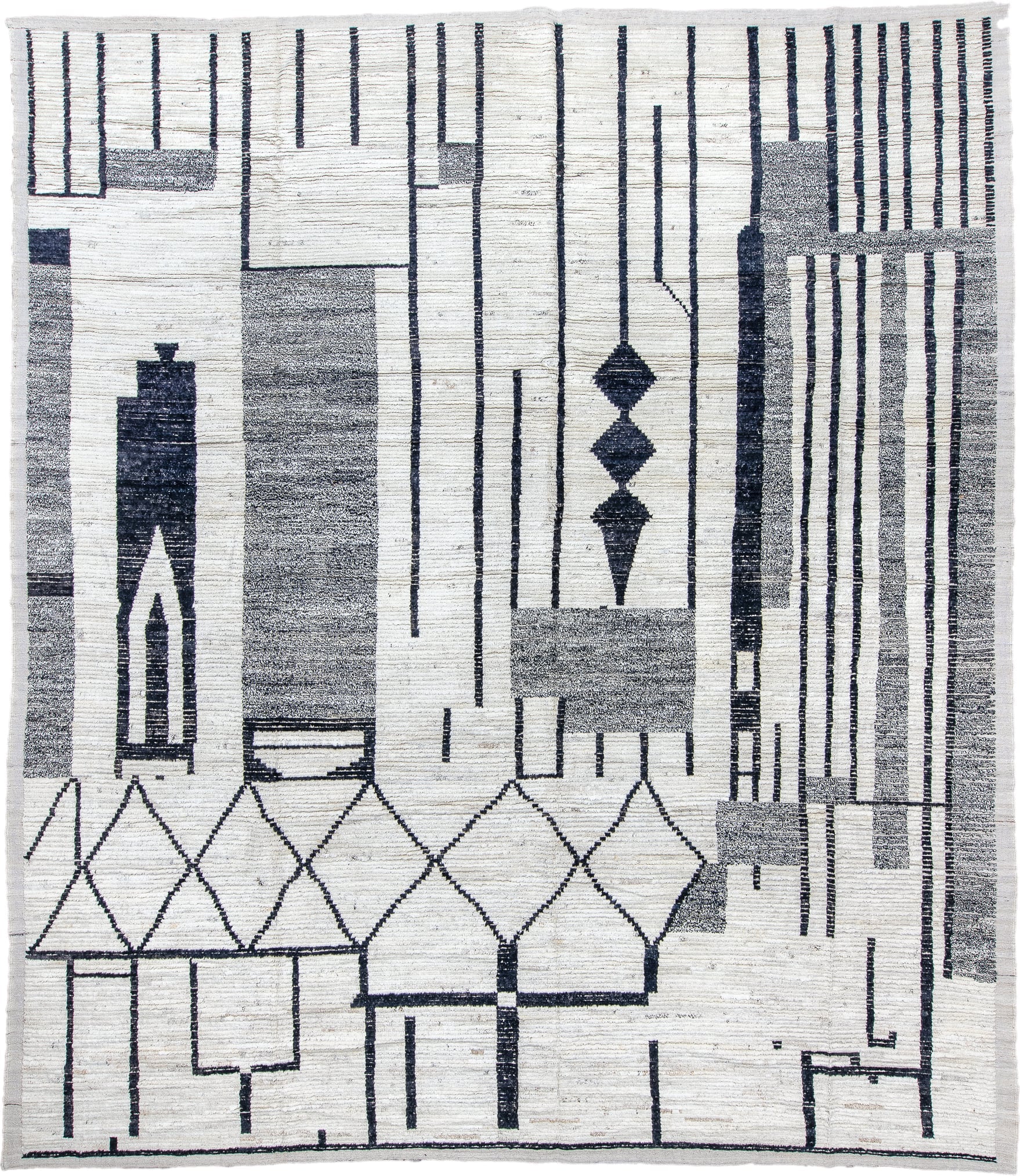 12' x 14' one-of-a-kind handmade vintage Tulu oversize rug. Color palette: ivory, charcoal, gray, black