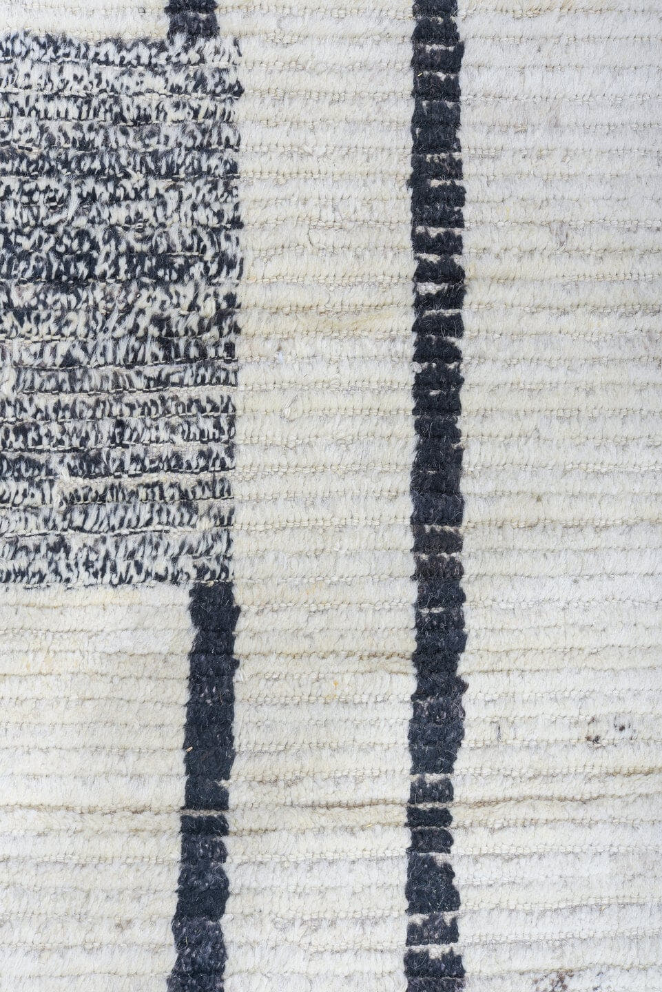 12' x 14' one-of-a-kind handmade vintage Tulu oversize rug. Color palette: ivory, charcoal, gray, black