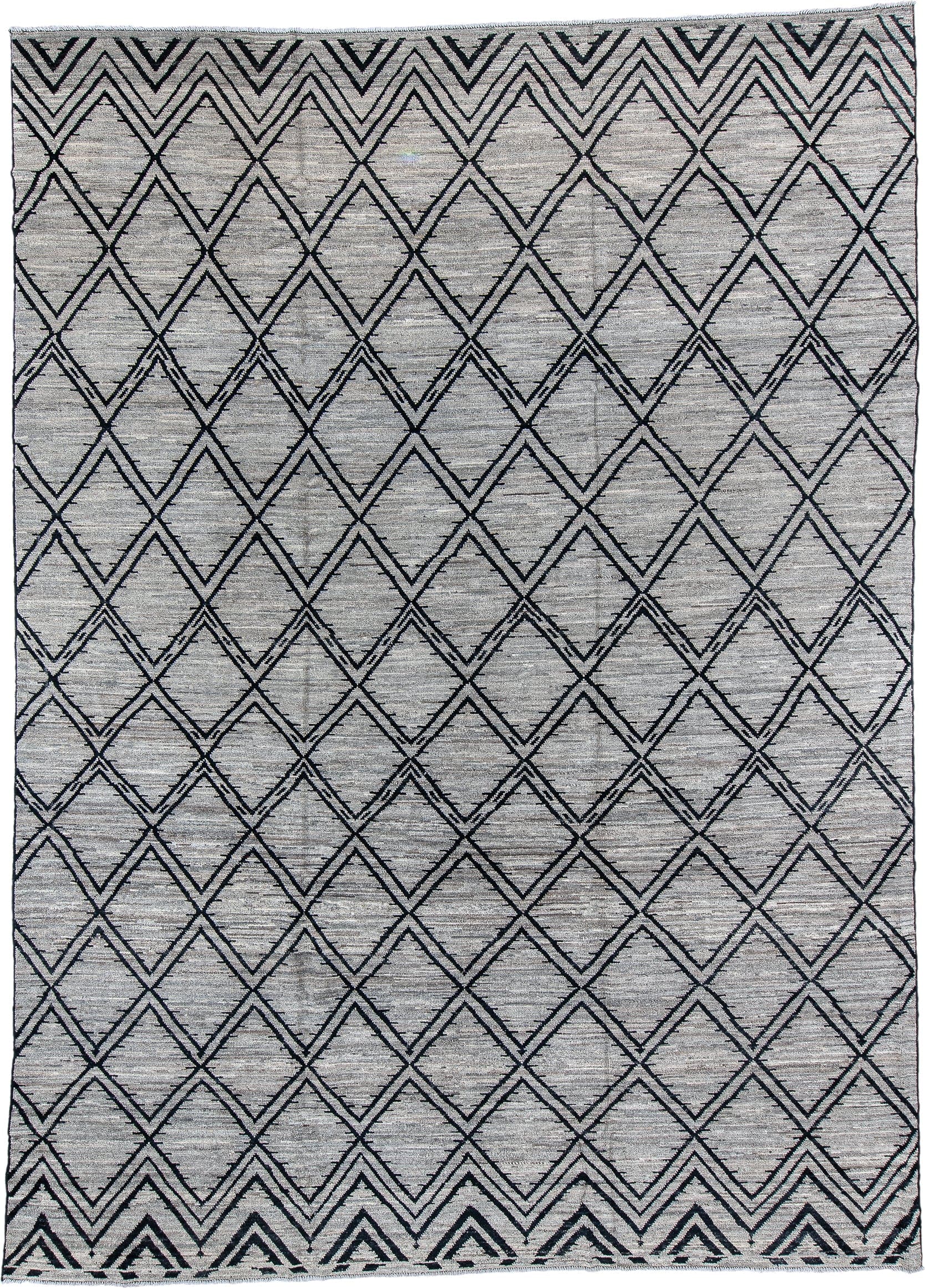 10' x 13' one-of-a-kind handmade vintage Tulu large size rug. Color palette: ivory, charcoal, gray, black