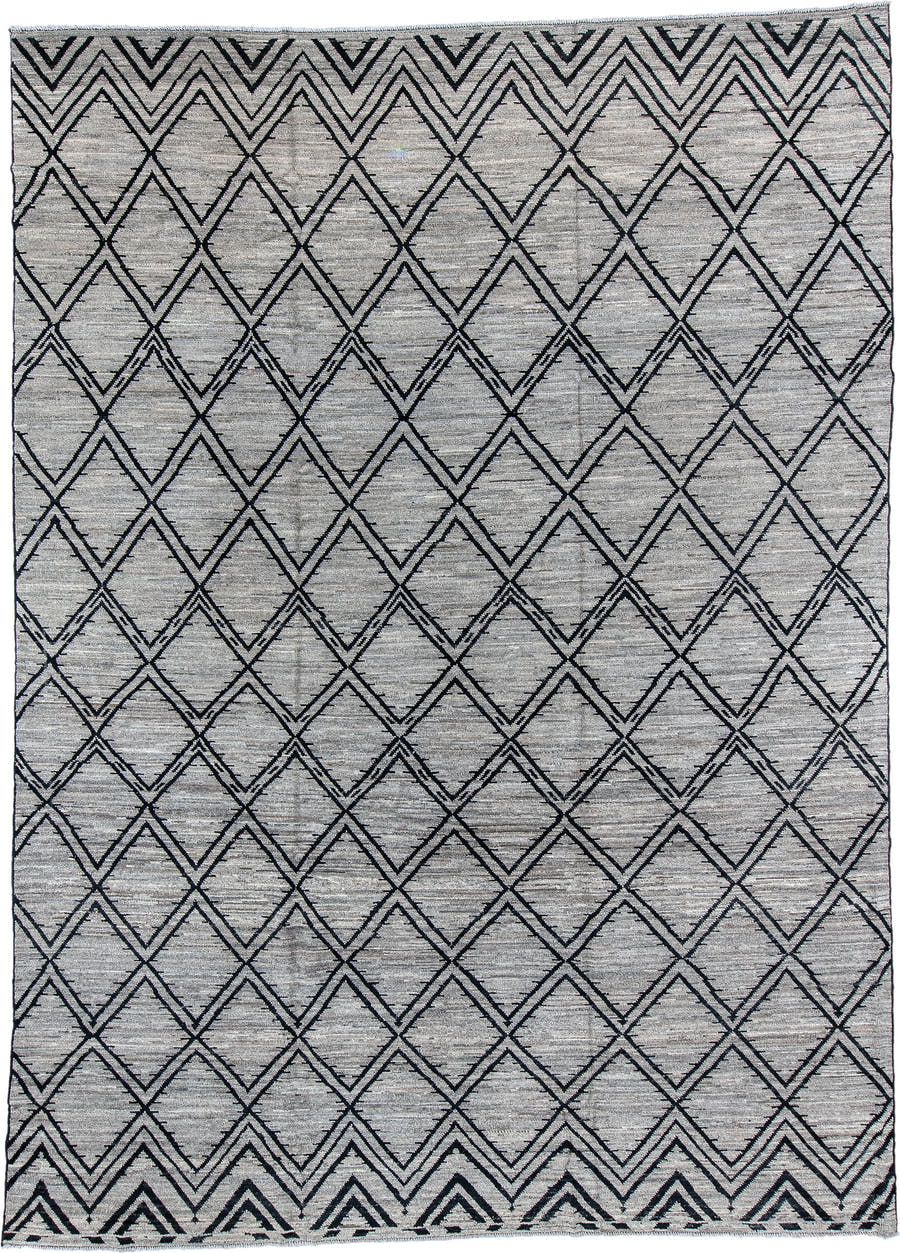 10' x 13' one-of-a-kind handmade vintage Tulu large size rug. Color palette: ivory, charcoal, gray, black