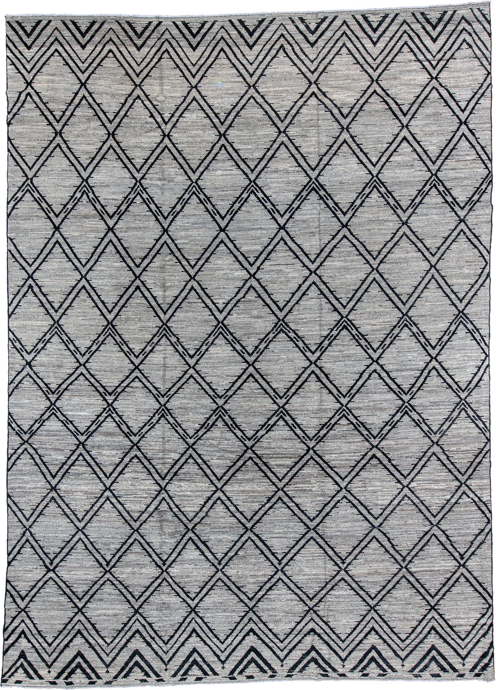 10' x 13' one-of-a-kind handmade vintage Tulu large size rug. Color palette: ivory, charcoal, gray, black