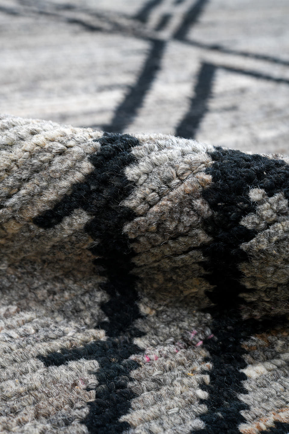 10' x 13' one-of-a-kind handmade vintage Tulu large size rug. Color palette: ivory, charcoal, gray, black