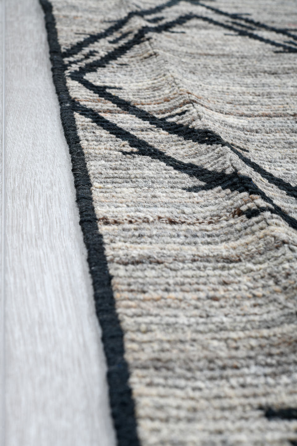 10' x 13' one-of-a-kind handmade vintage Tulu large size rug. Color palette: ivory, charcoal, gray, black