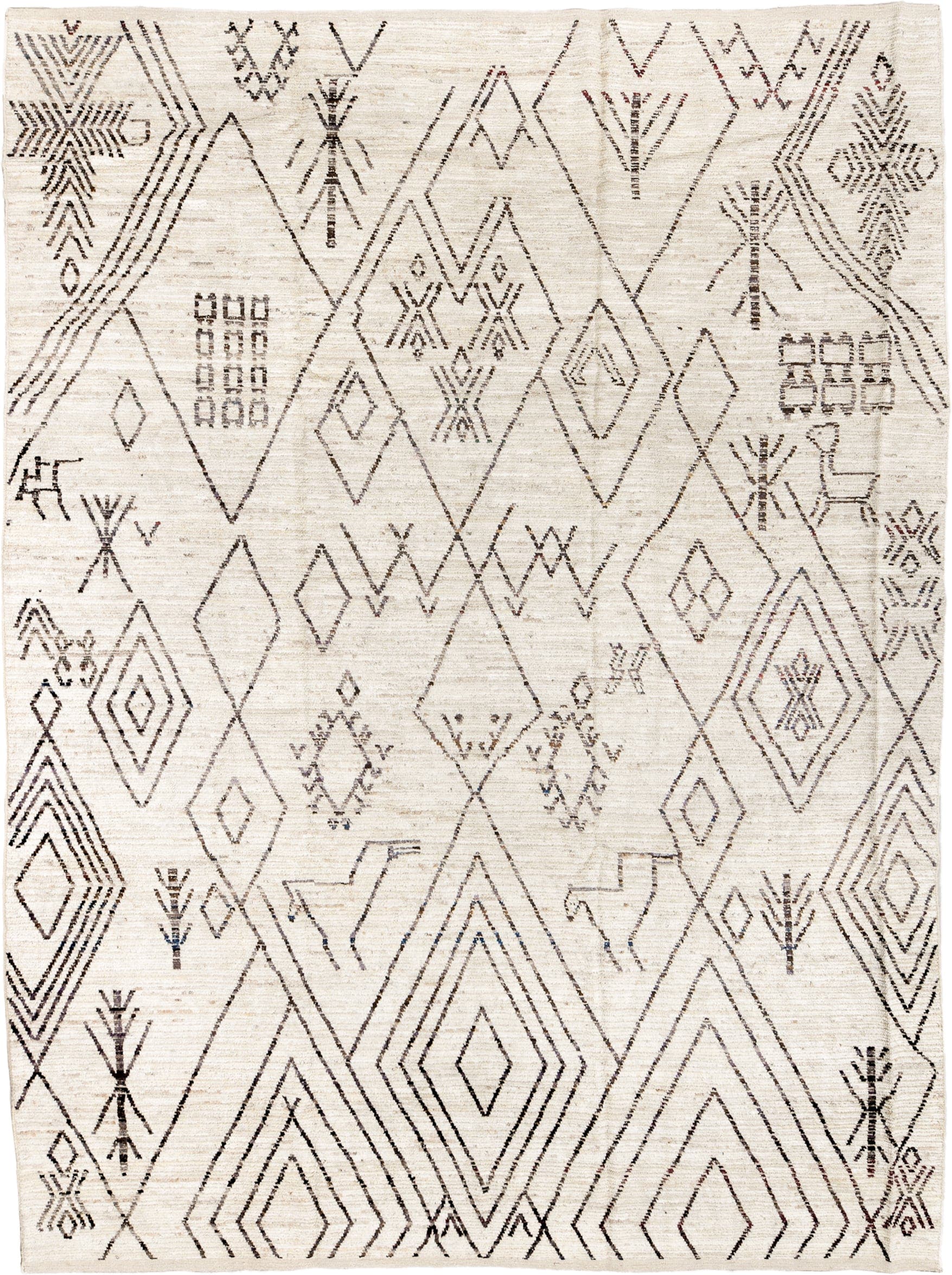 10' x 14' one-of-a-kind handmade vintage Tulu large size rug. Color palette: ivory, charcoal, taupe, brown, camel, gray