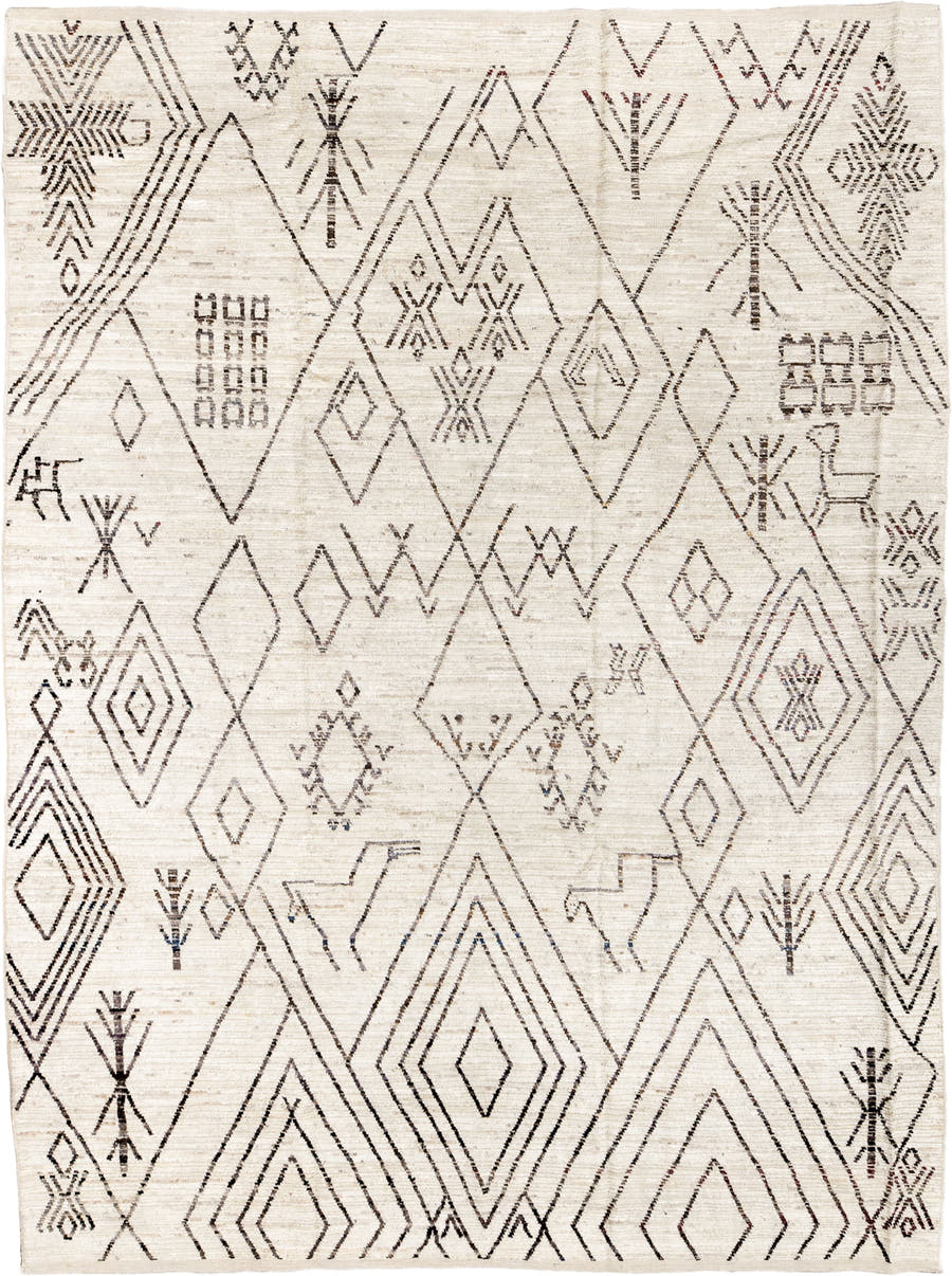 10' x 14' one-of-a-kind handmade vintage Tulu large size rug. Color palette: ivory, charcoal, taupe, brown, camel, gray