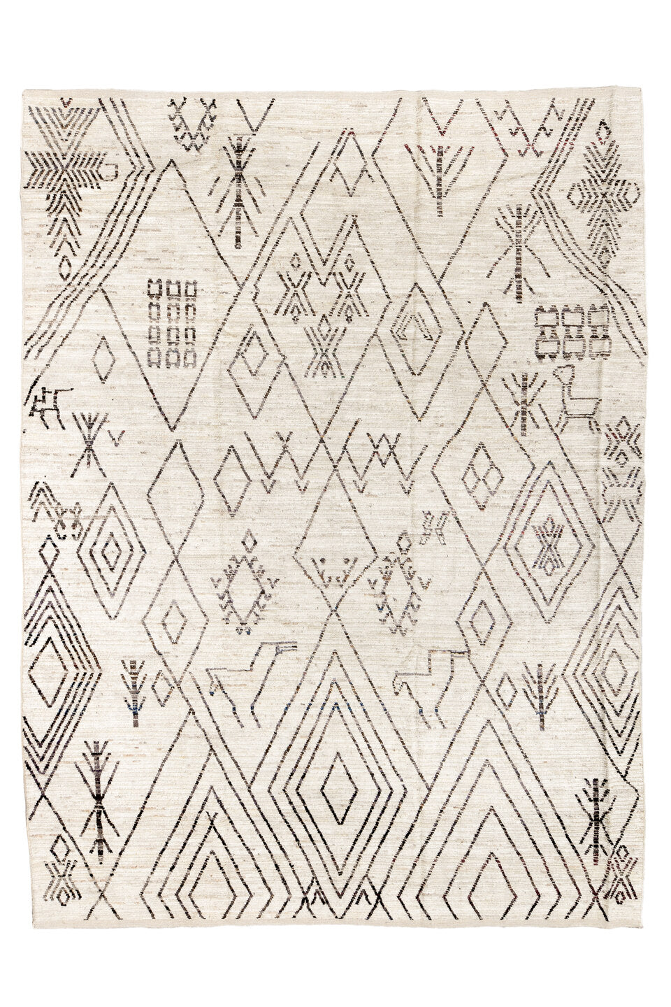 10' x 14' one-of-a-kind handmade vintage Tulu large size rug. Color palette: dark gray, gray, light gray, linen, off-white
