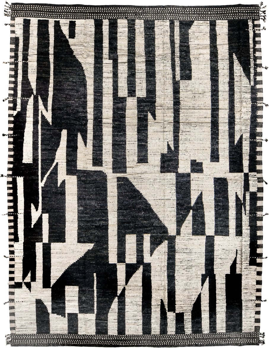 11' x 14' one-of-a-kind handmade vintage Tulu oversize rug. Color palette: ivory, black, charcoal, gray