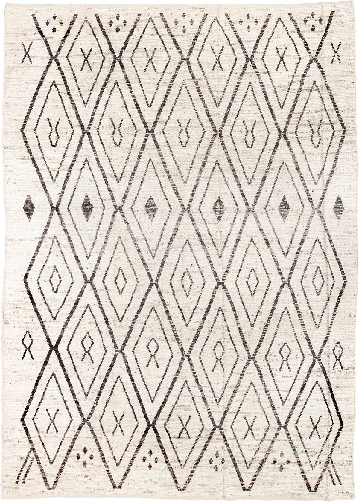 10' x 14' one-of-a-kind handmade vintage Tulu large size rug. Color palette: ivory, cream, charcoal, taupe, brown, black