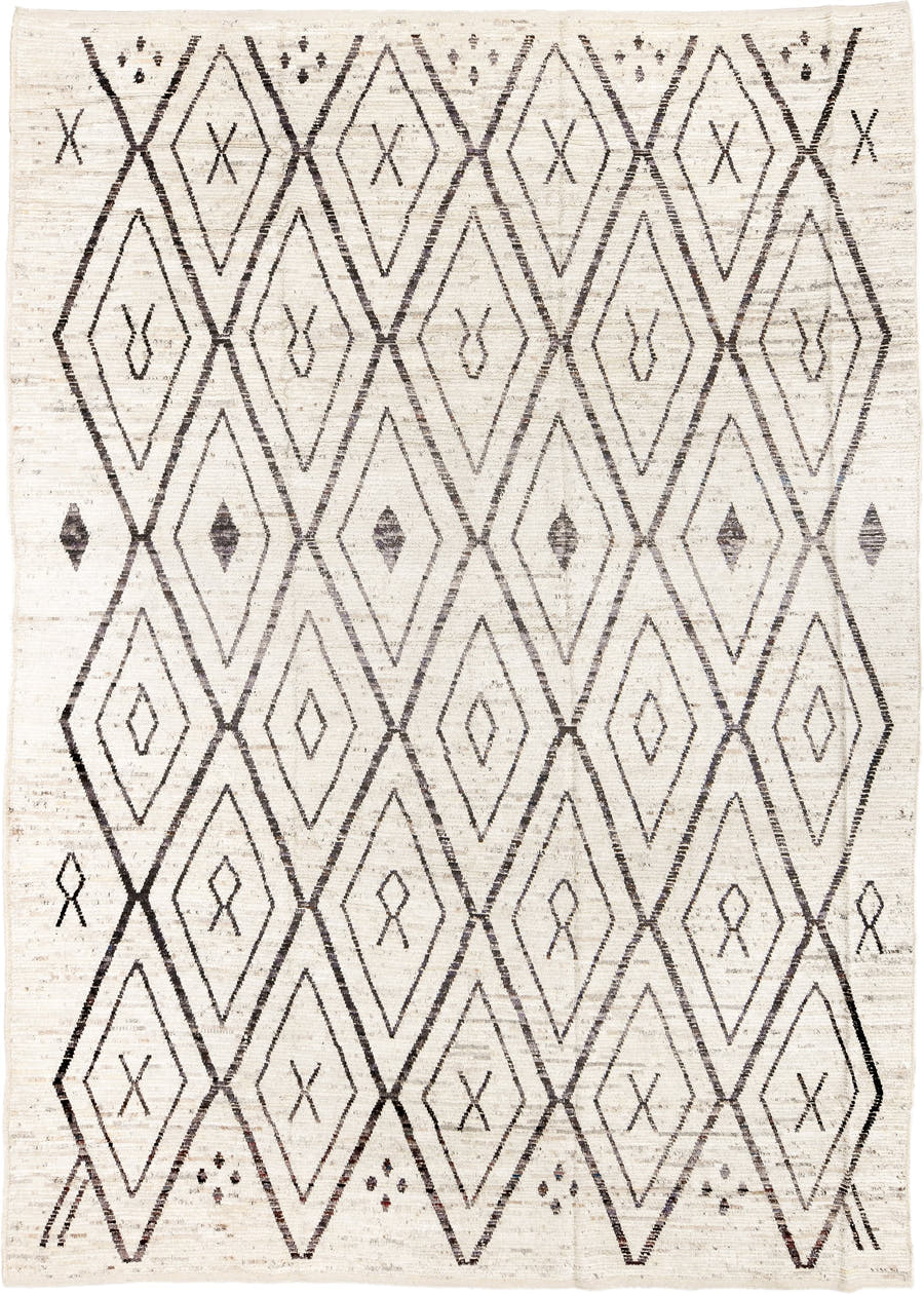 10' x 14' one-of-a-kind handmade vintage Tulu large size rug. Color palette: ivory, cream, charcoal, taupe, brown, black