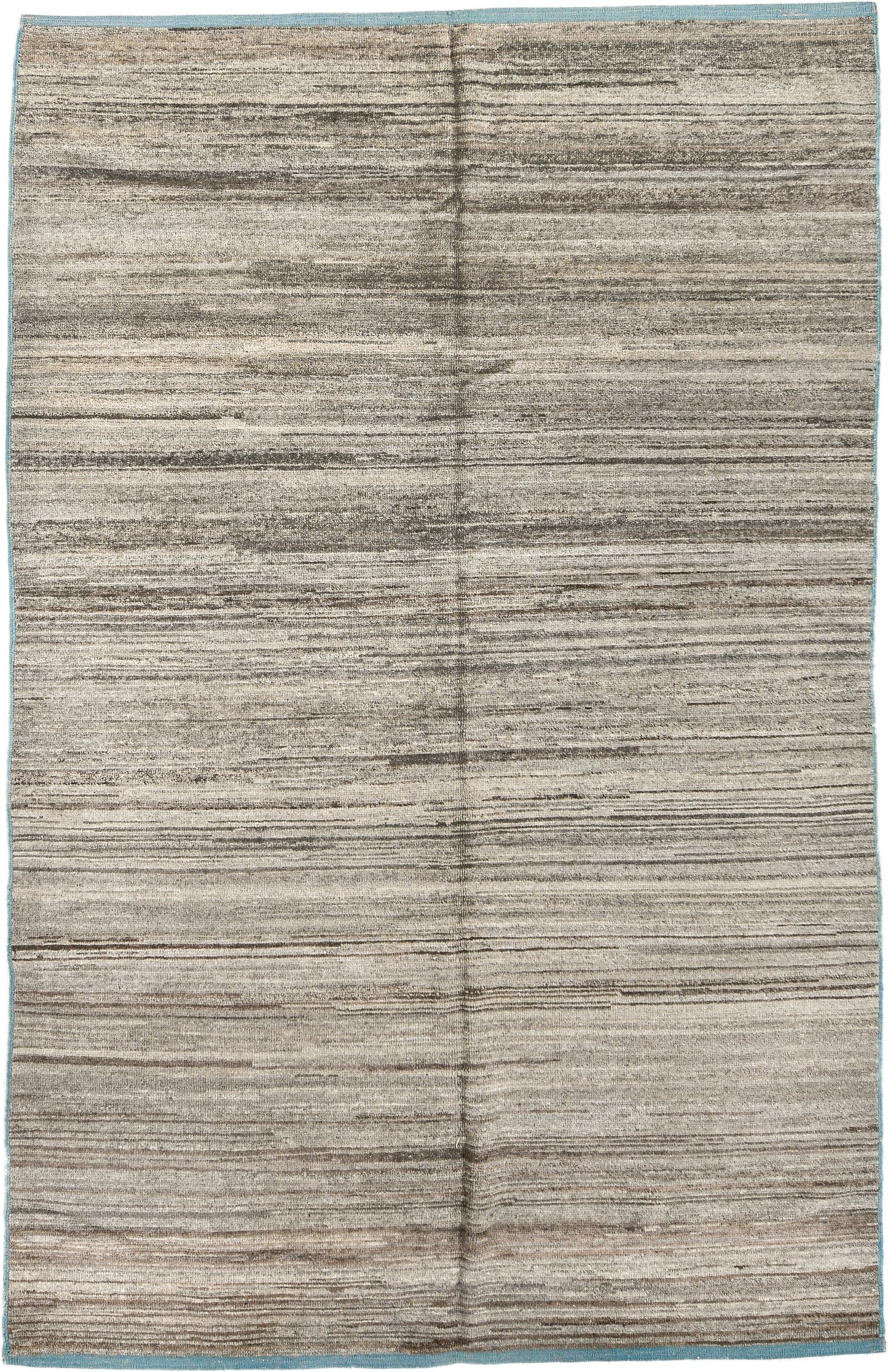 6' x 9' one-of-a-kind handmade vintage Tulu medium size rug. Color palette: taupe, ivory, charcoal, camel, sky_blue, beige