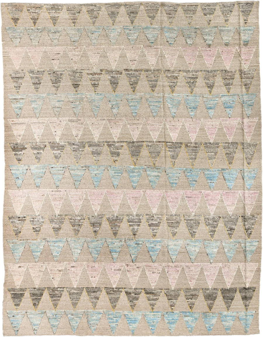 9' x 12' one-of-a-kind handmade vintage Tulu large size rug. Color palette: beige, aqua, charcoal, blush, ivory, pale yellow