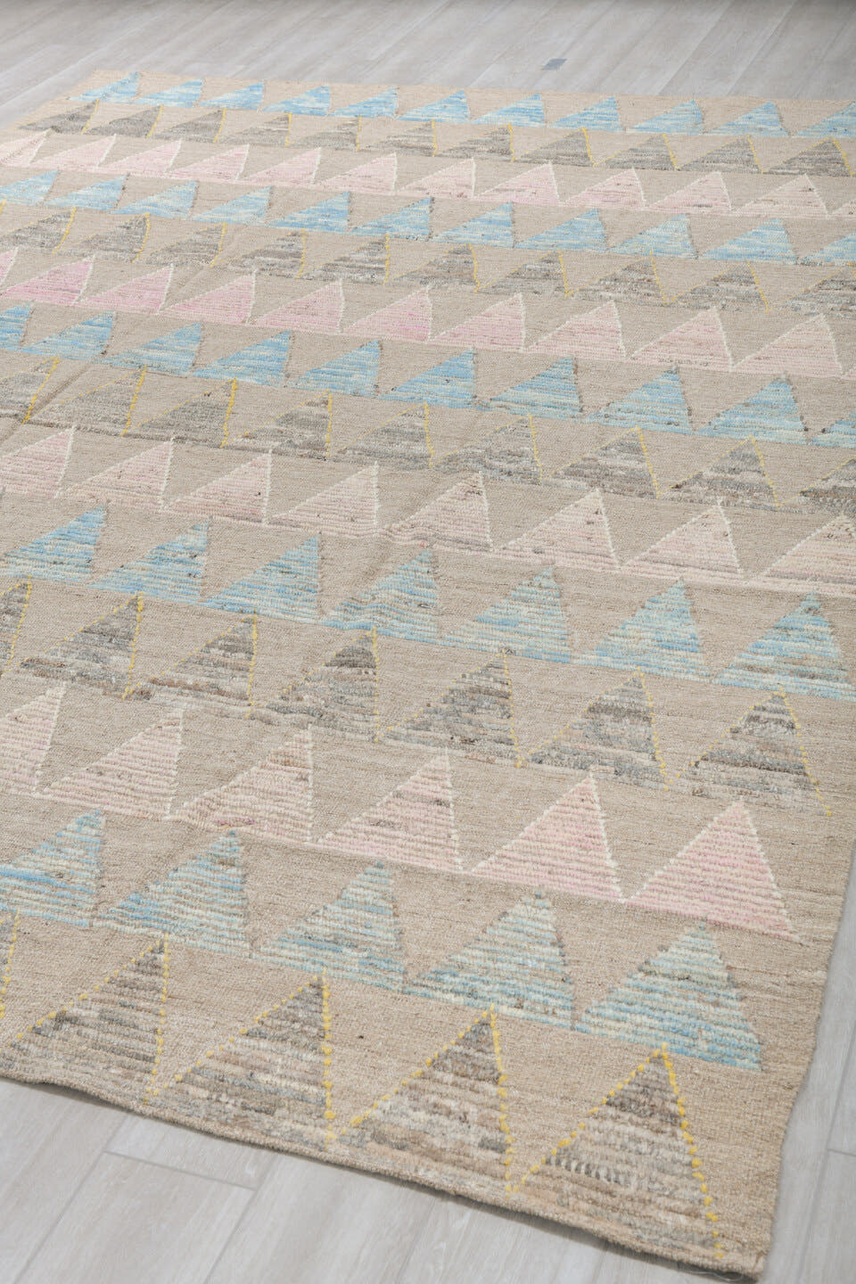 9' x 12' one-of-a-kind handmade vintage Tulu large size rug. Color palette: beige, aqua, charcoal, blush, ivory, pale yellow