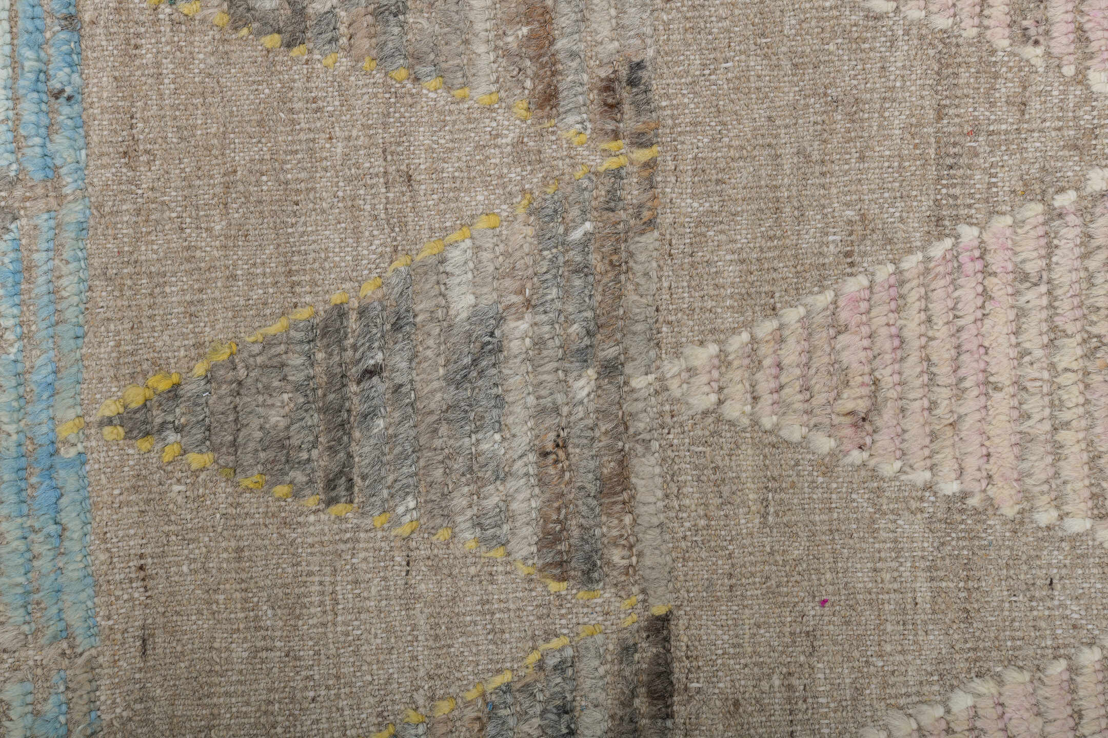 9' x 12' one-of-a-kind handmade vintage Tulu large size rug. Color palette: beige, aqua, charcoal, blush, ivory, pale yellow