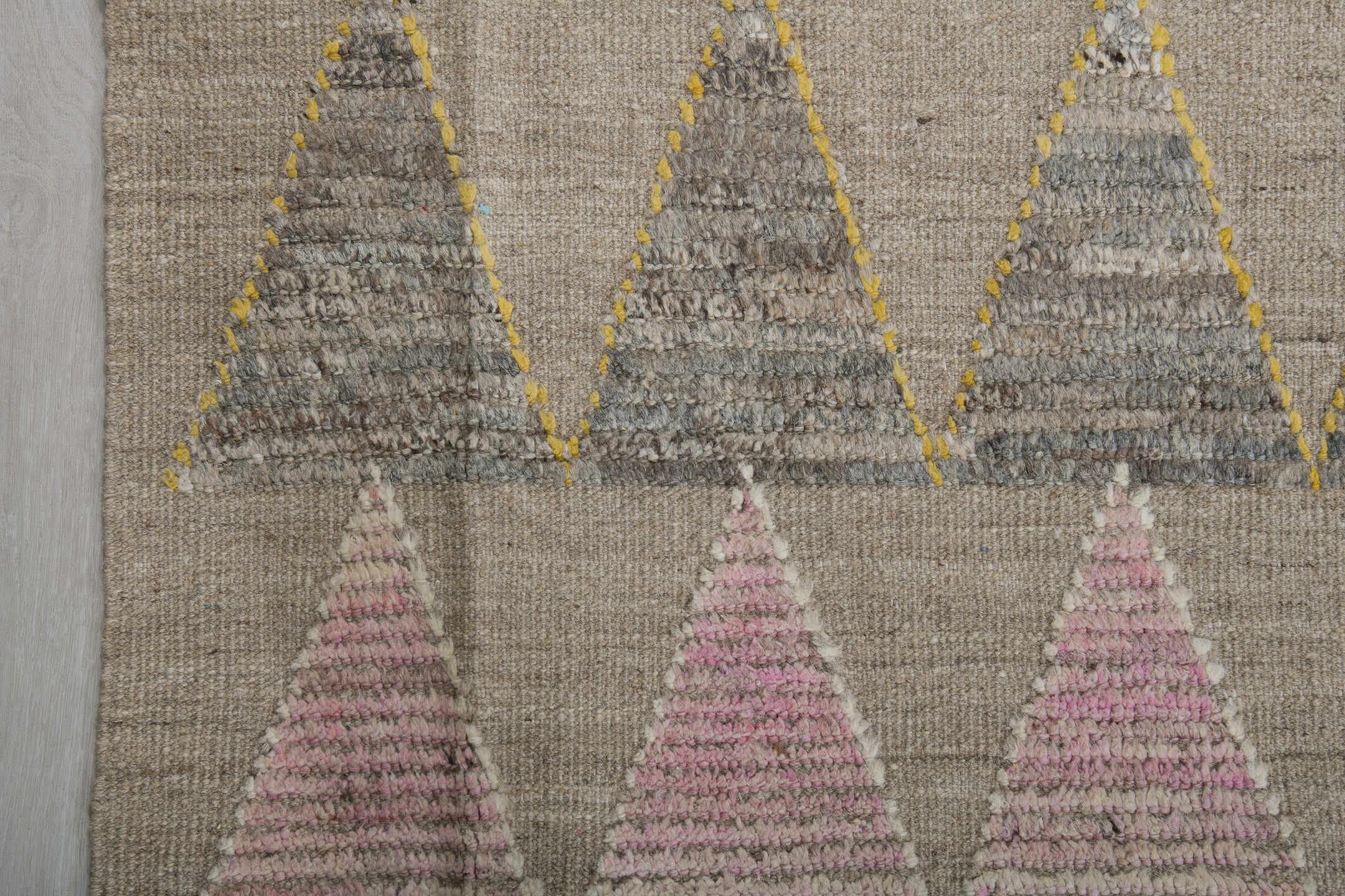 9' x 12' one-of-a-kind handmade vintage Tulu large size rug. Color palette: beige, aqua, charcoal, blush, ivory, pale yellow