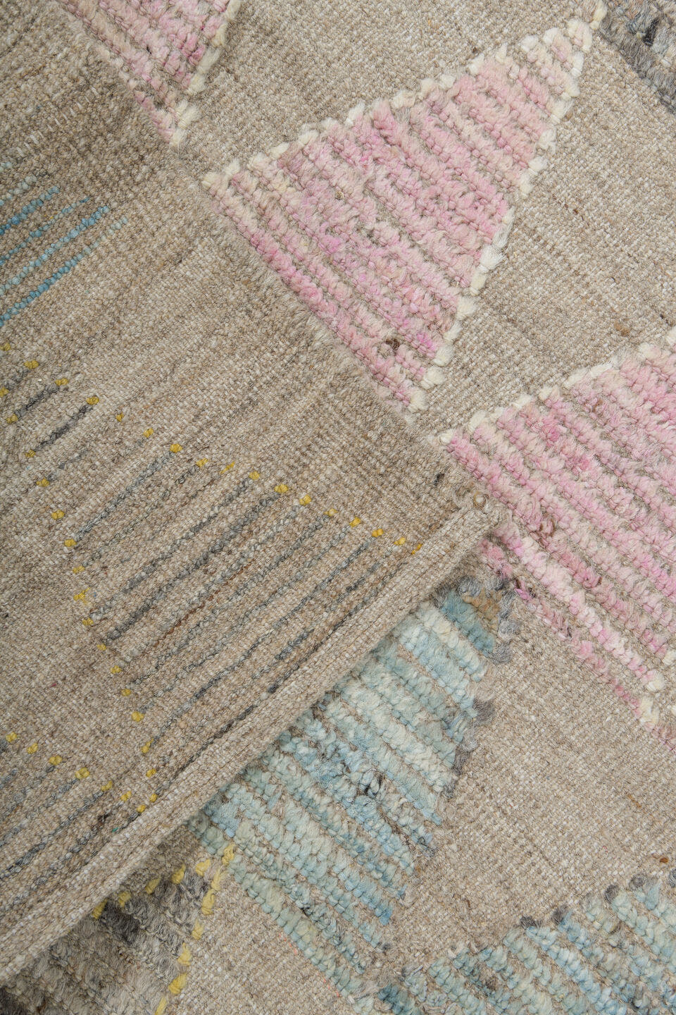 9' x 12' one-of-a-kind handmade vintage Tulu large size rug. Color palette: beige, aqua, charcoal, blush, ivory, pale yellow
