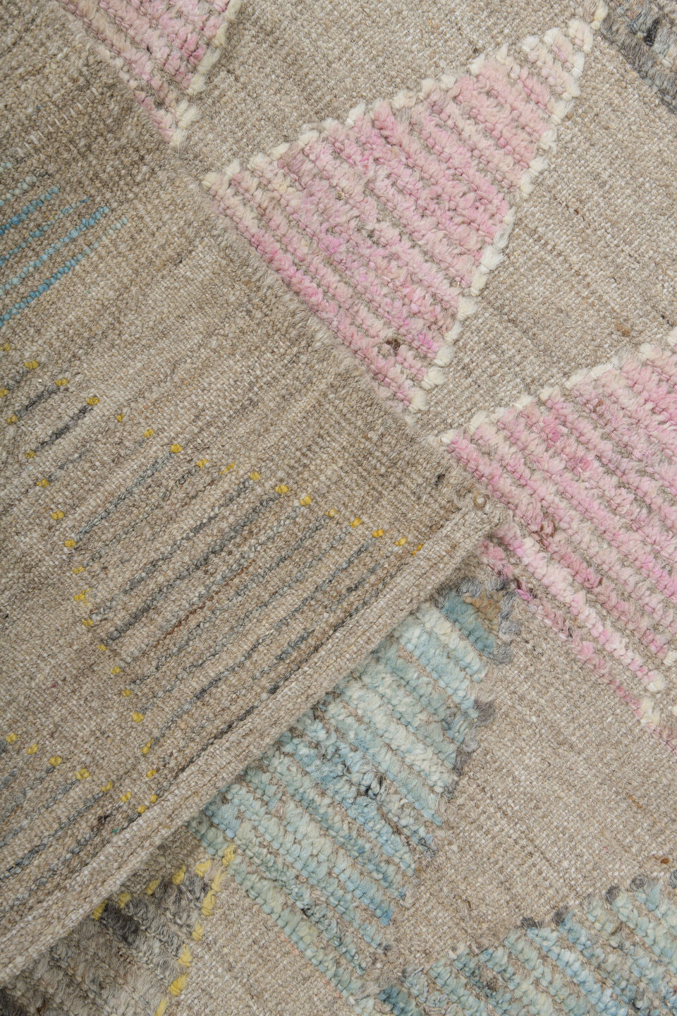 9' x 12' one-of-a-kind handmade vintage Tulu large size rug. Color palette: beige, aqua, charcoal, blush, ivory, pale yellow
