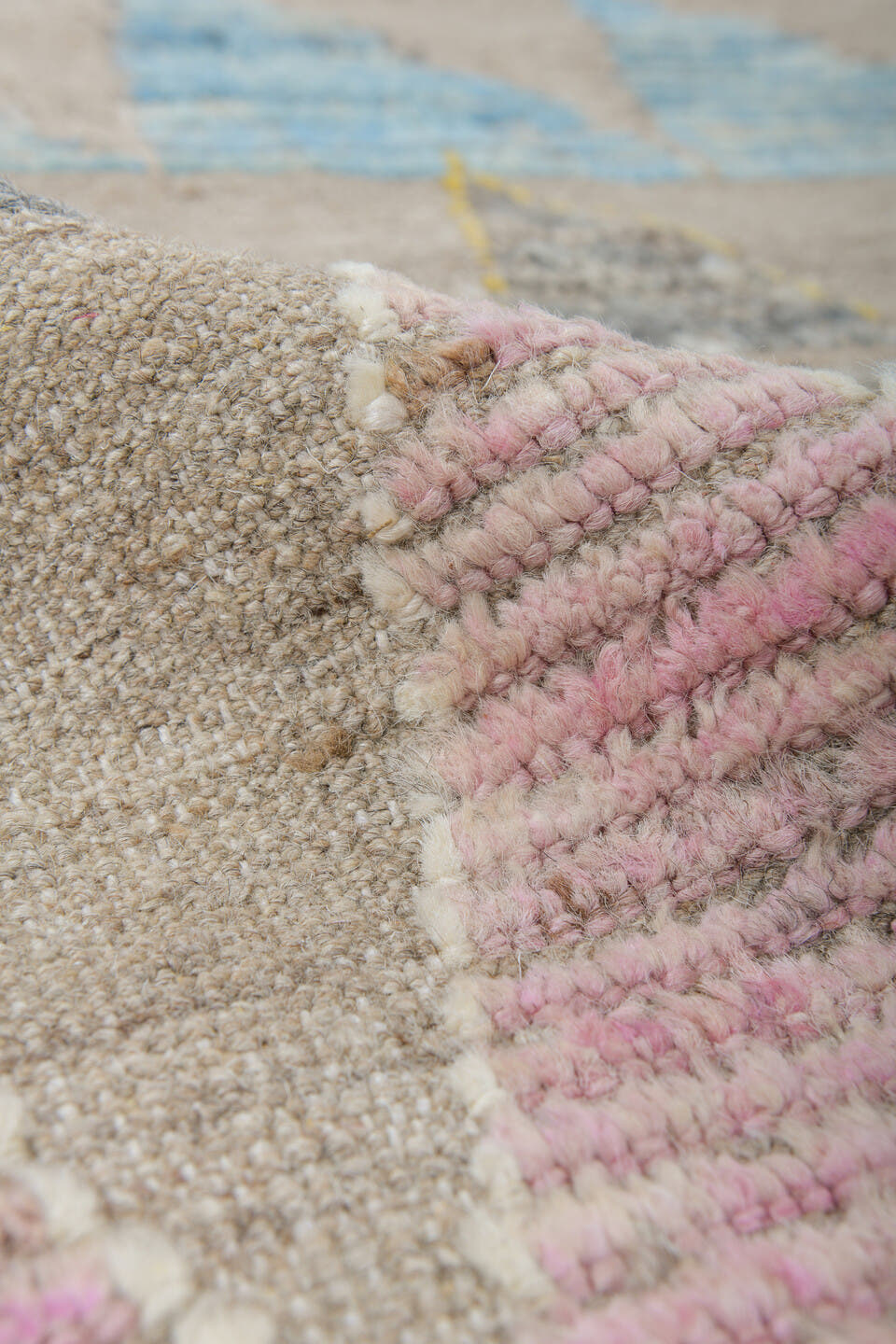 9' x 12' one-of-a-kind handmade vintage Tulu large size rug. Color palette: beige, aqua, charcoal, blush, ivory, pale yellow