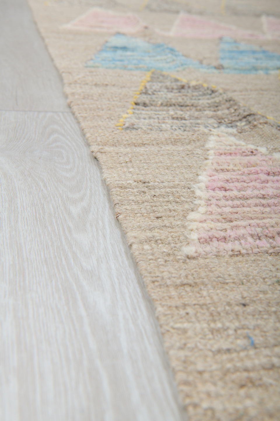 9' x 12' one-of-a-kind handmade vintage Tulu large size rug. Color palette: beige, aqua, charcoal, blush, ivory, pale yellow