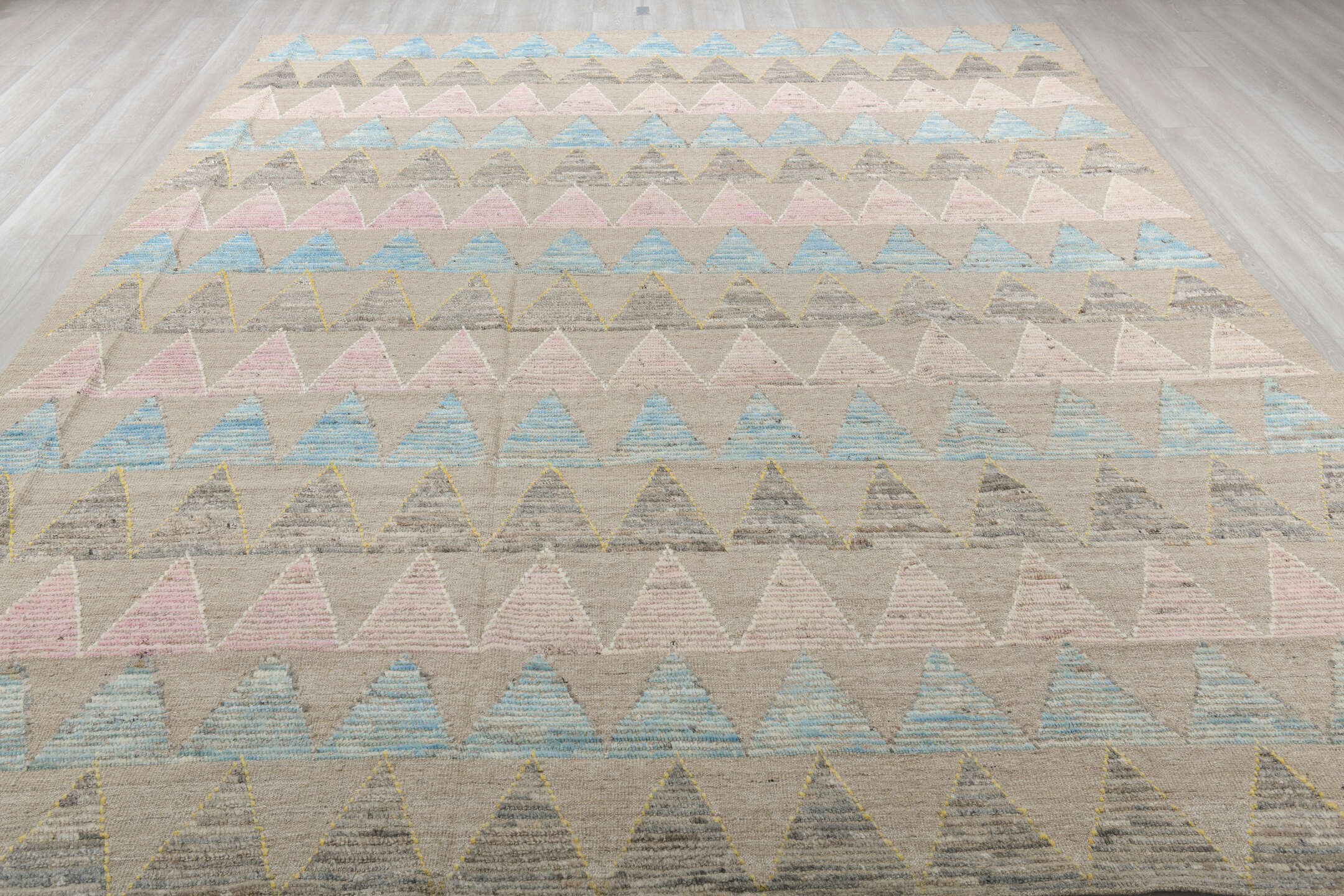 9' x 12' one-of-a-kind handmade vintage Tulu large size rug. Color palette: beige, aqua, charcoal, blush, ivory, pale yellow