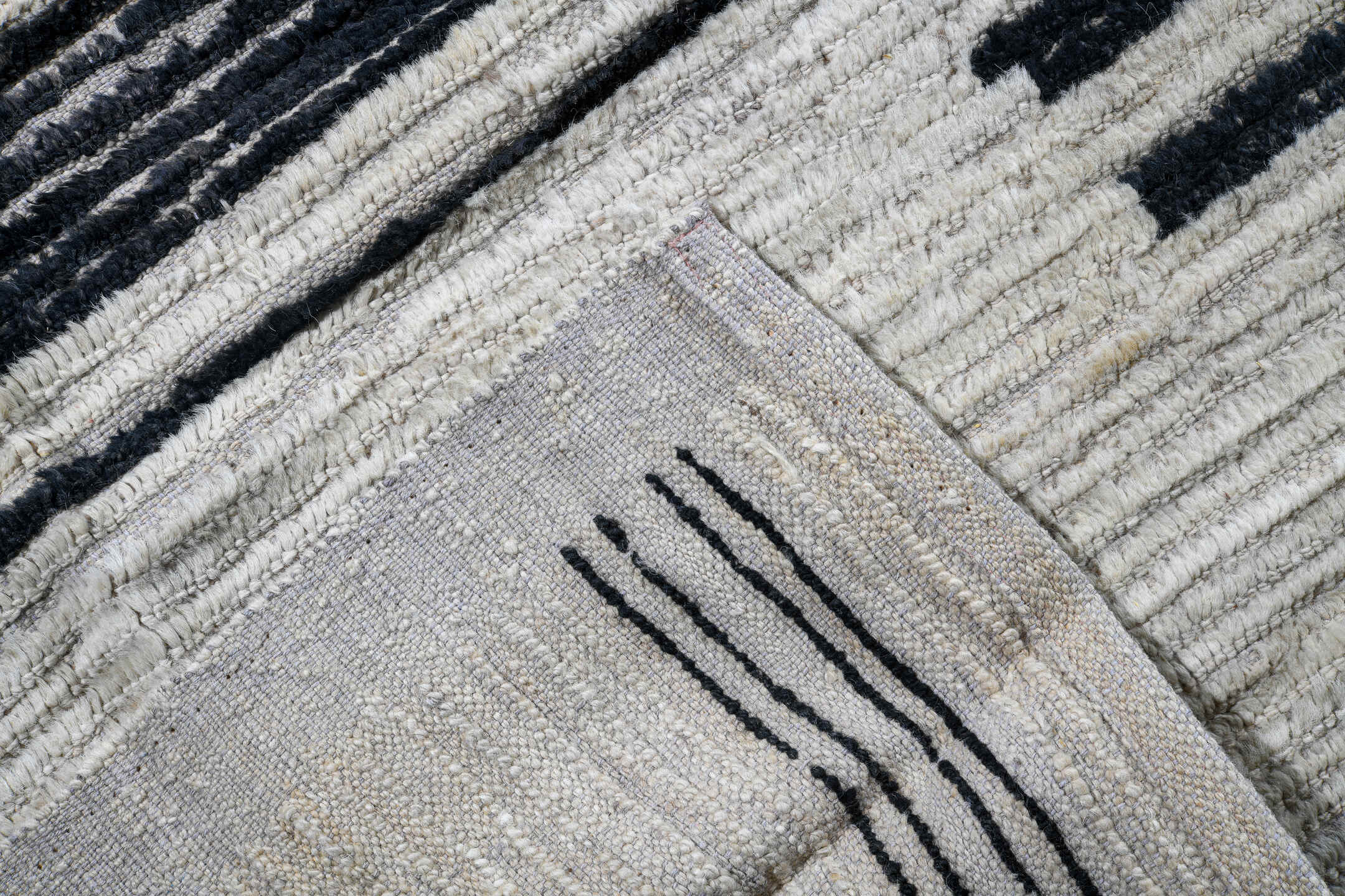 10' x 14' one-of-a-kind handmade vintage Tulu large size rug. Color palette: ivory, charcoal, black, gray