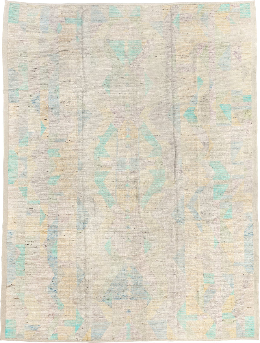 9' x 11' one-of-a-kind handmade vintage Tulu large size rug. Color palette: ivory, aqua, pale blue, cream, blush