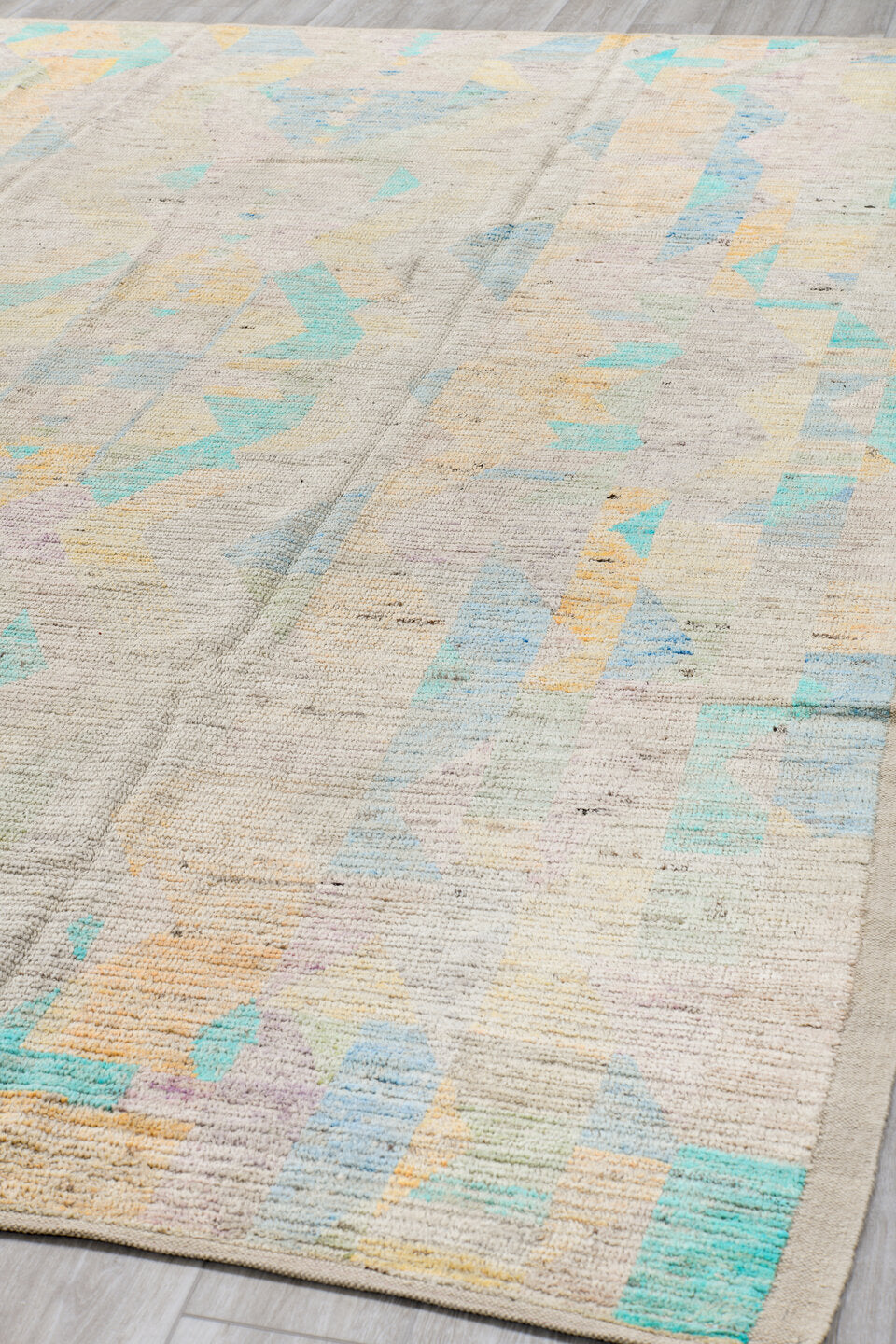 9' x 11' one-of-a-kind handmade vintage Tulu large size rug. Color palette: ivory, aqua, pale blue, cream, blush