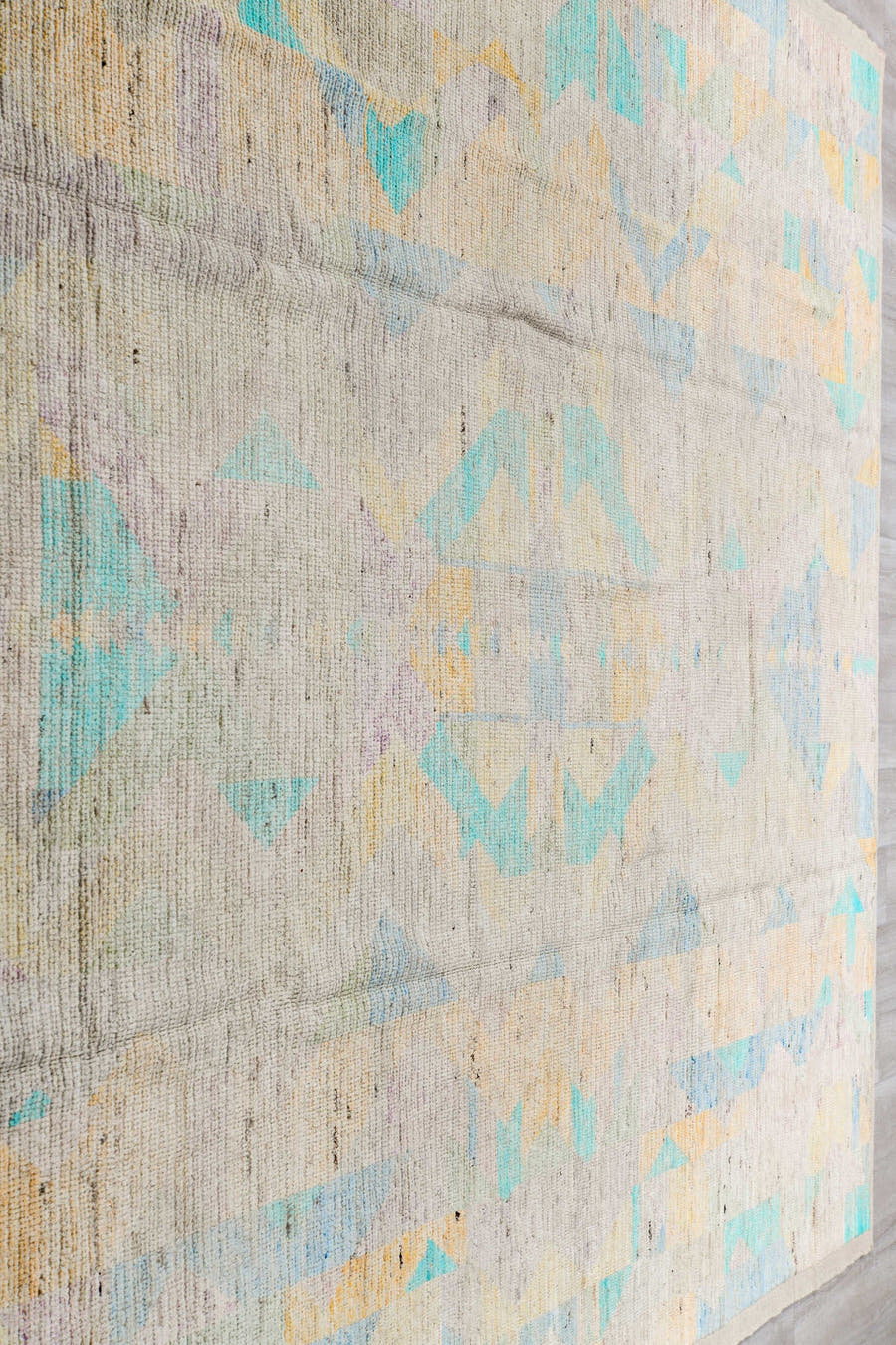 9' x 11' one-of-a-kind handmade vintage Tulu large size rug. Color palette: ivory, aqua, pale blue, cream, blush