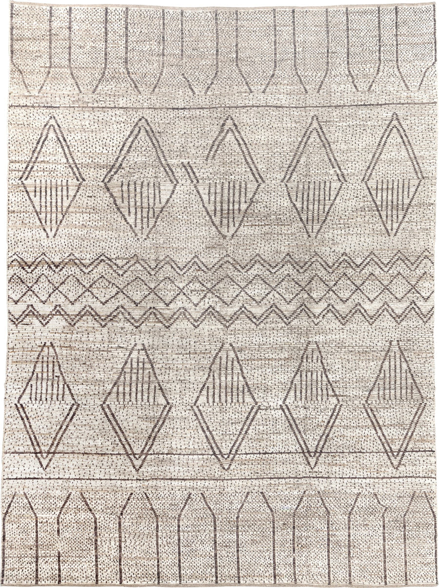 10' x 14' one-of-a-kind handmade vintage Tulu large size rug. Color palette: ivory, brown, taupe, cream, beige, gray