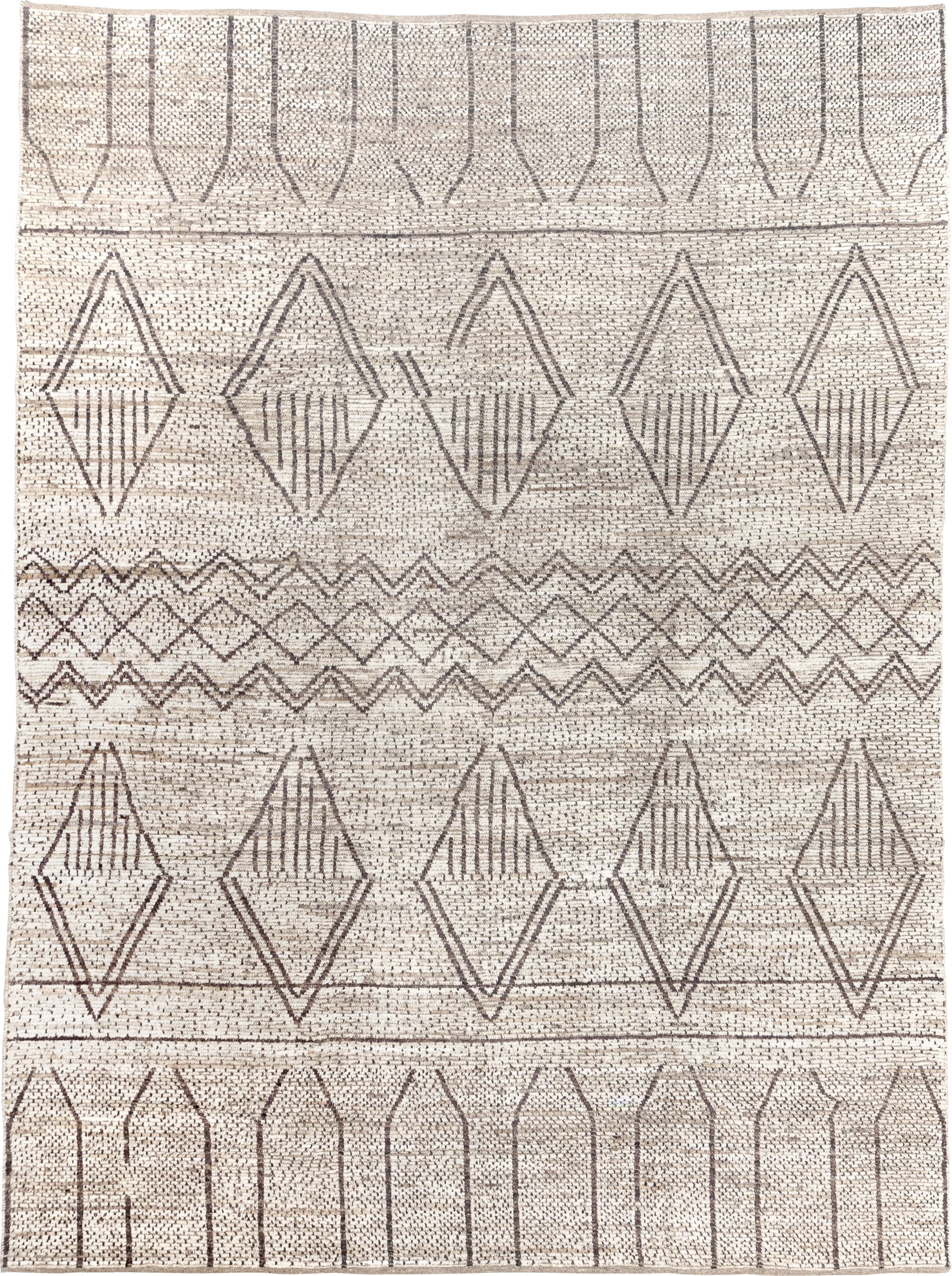 10' x 14' one-of-a-kind handmade vintage Tulu large size rug. Color palette: ivory, brown, taupe, cream, beige, gray