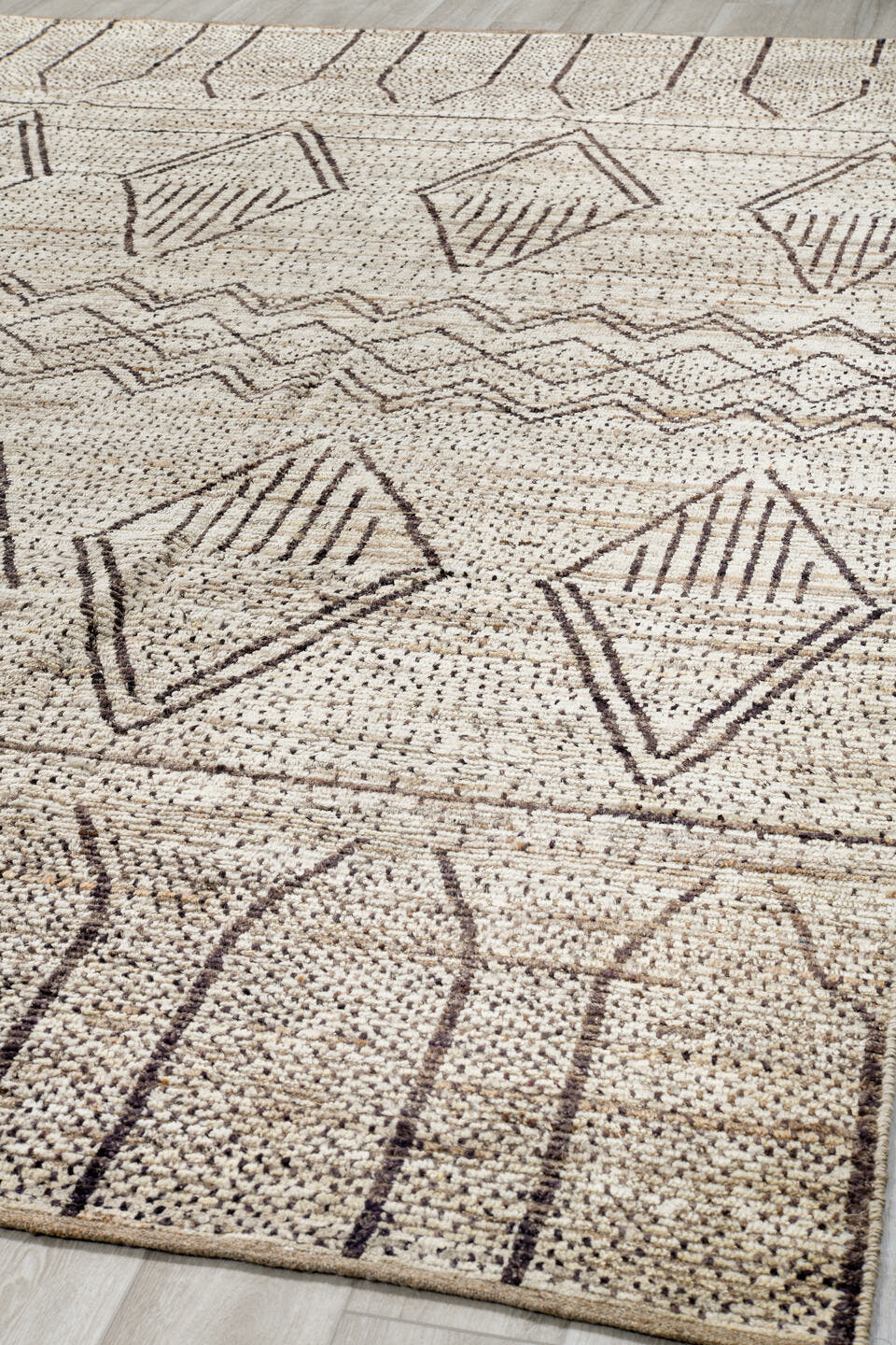 10' x 14' one-of-a-kind handmade vintage Tulu large size rug. Color palette: ivory, brown, taupe, cream, beige, gray
