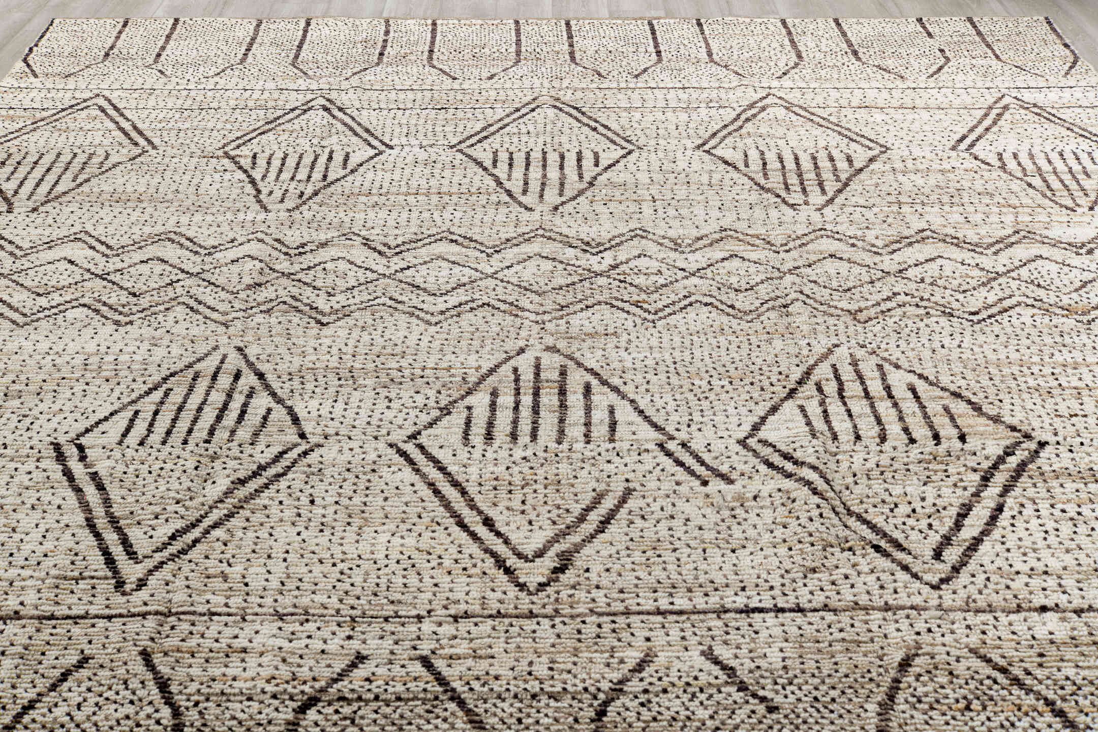 10' x 14' one-of-a-kind handmade vintage Tulu large size rug. Color palette: black, brown, gainsboro, gray, light gray