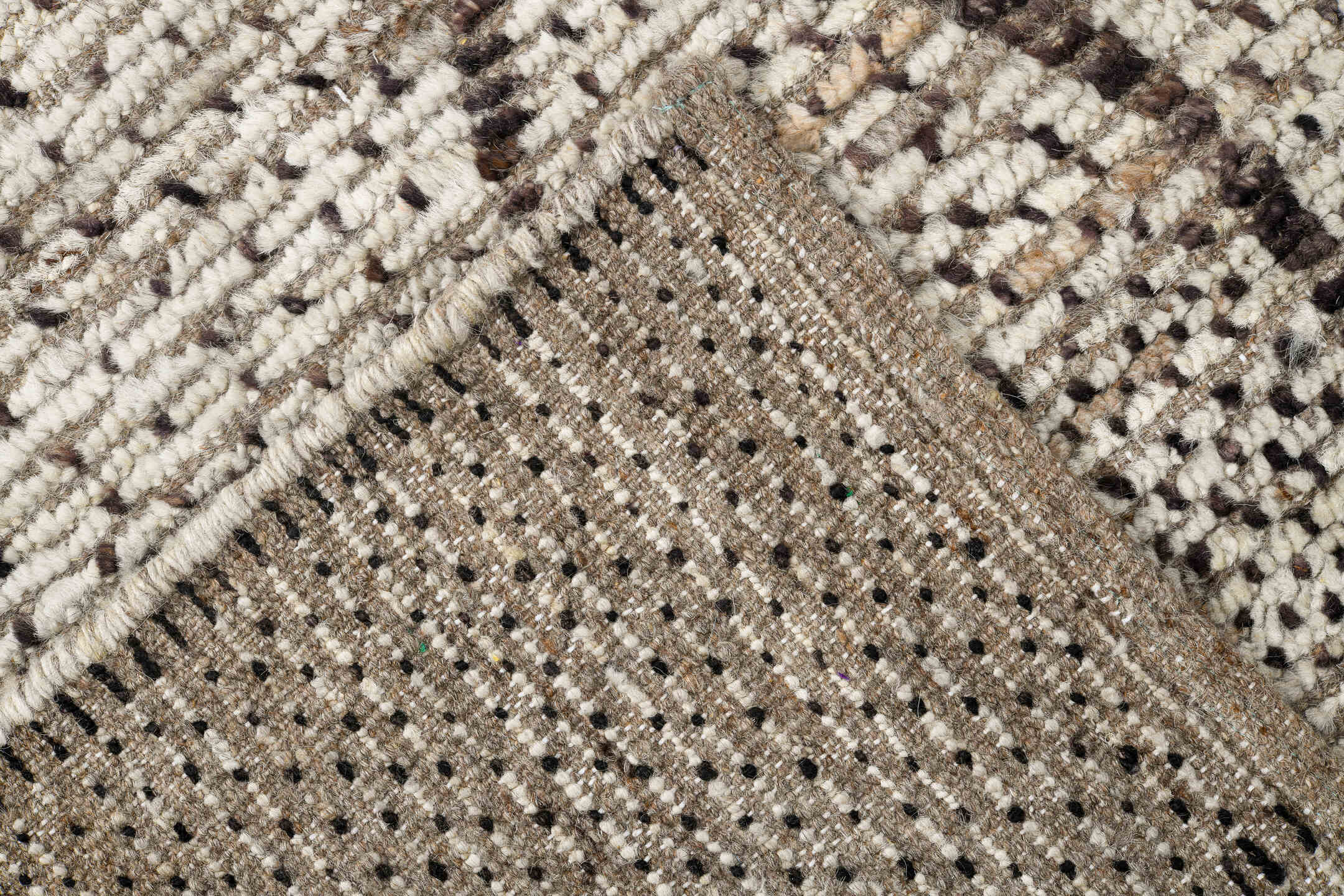 10' x 14' one-of-a-kind handmade vintage Tulu large size rug. Color palette: ivory, brown, taupe, cream, beige, gray