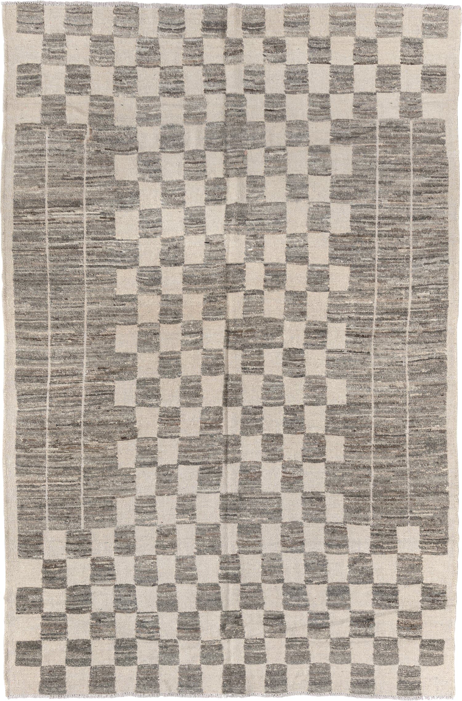 6' x 9' one-of-a-kind handmade vintage Tulu medium size rug. Color palette: ivory, gray, taupe, beige