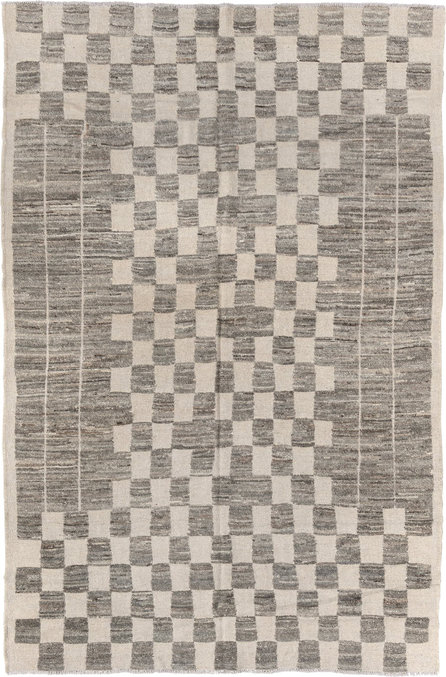 6' x 9' one-of-a-kind handmade vintage Tulu medium size rug. Color palette: ivory, gray, taupe, beige